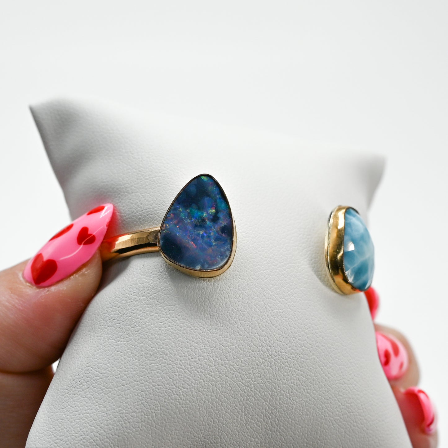 Double gold fill cuff with Australian opal and rose cut larimar