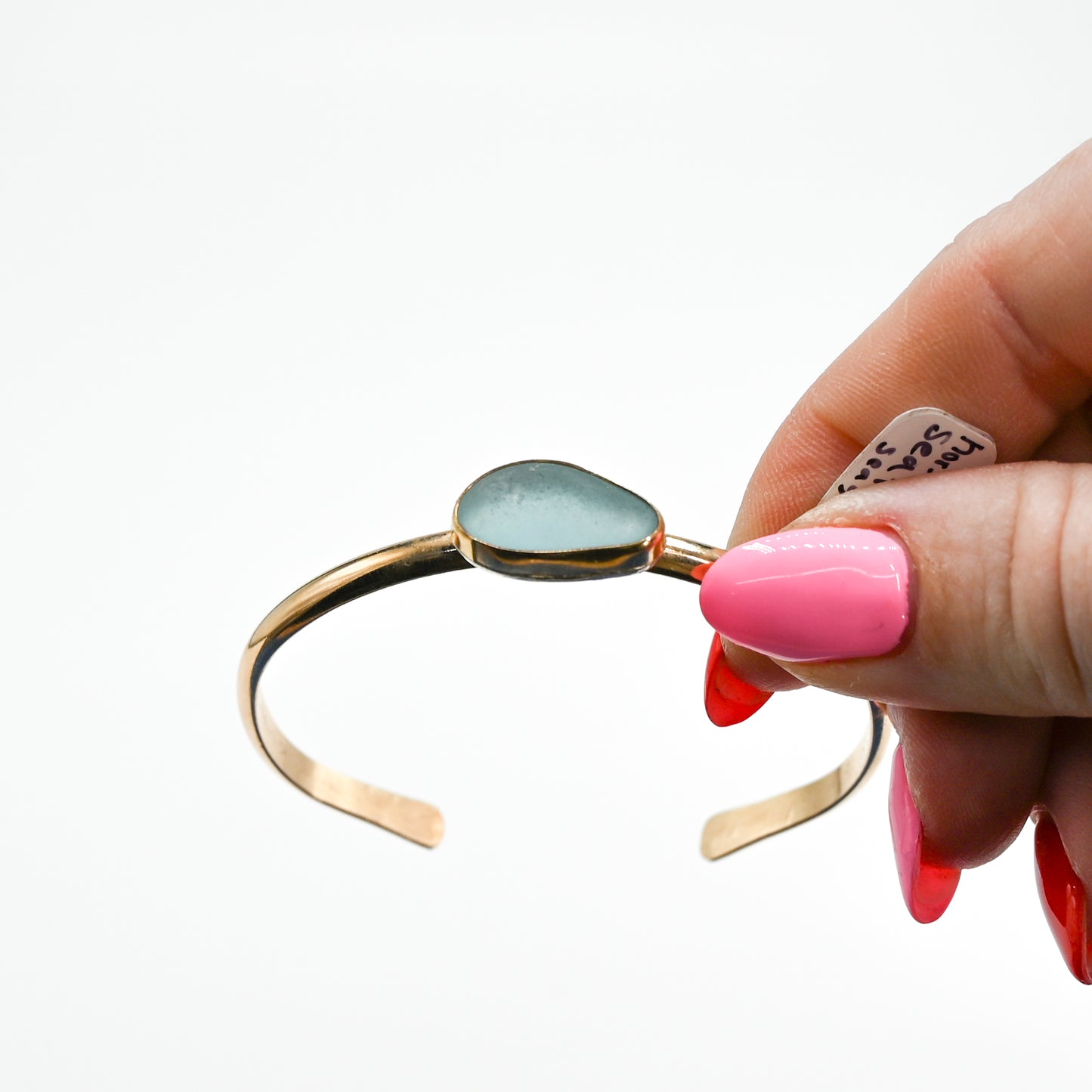 Gold fill horizontal aqua sea glass cuff