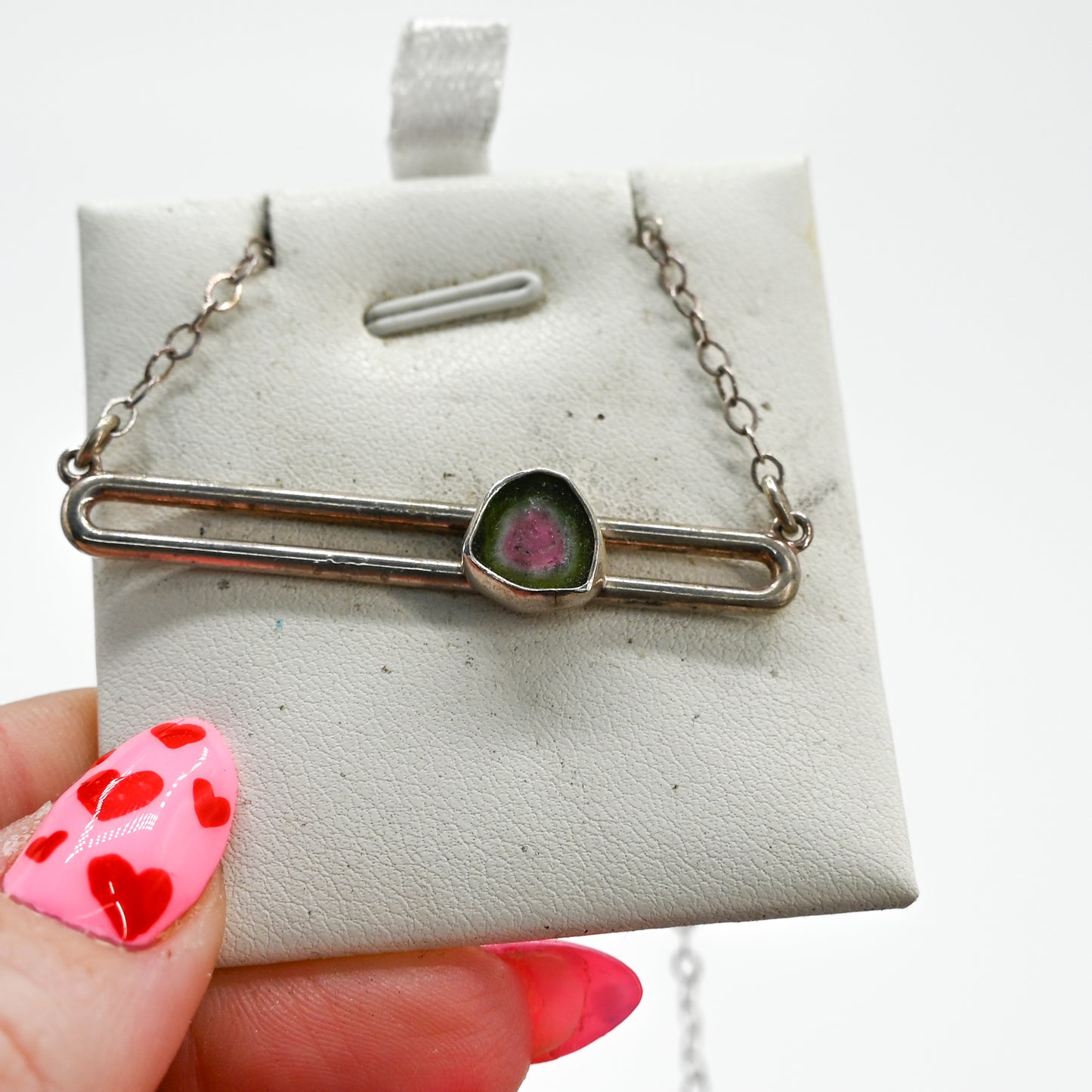 Watermelon tourmaline bar necklace