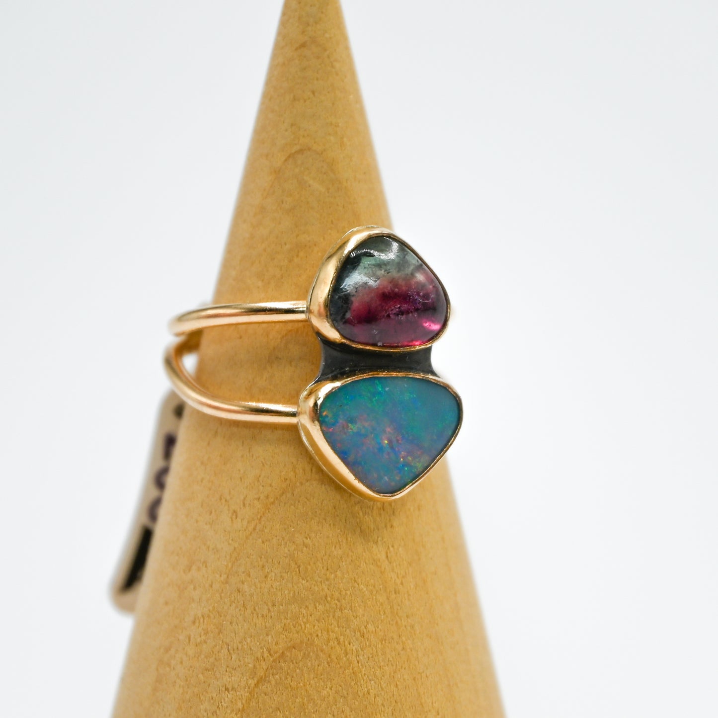 Gold fill double Australian opal and watermelon tourmaline size 8