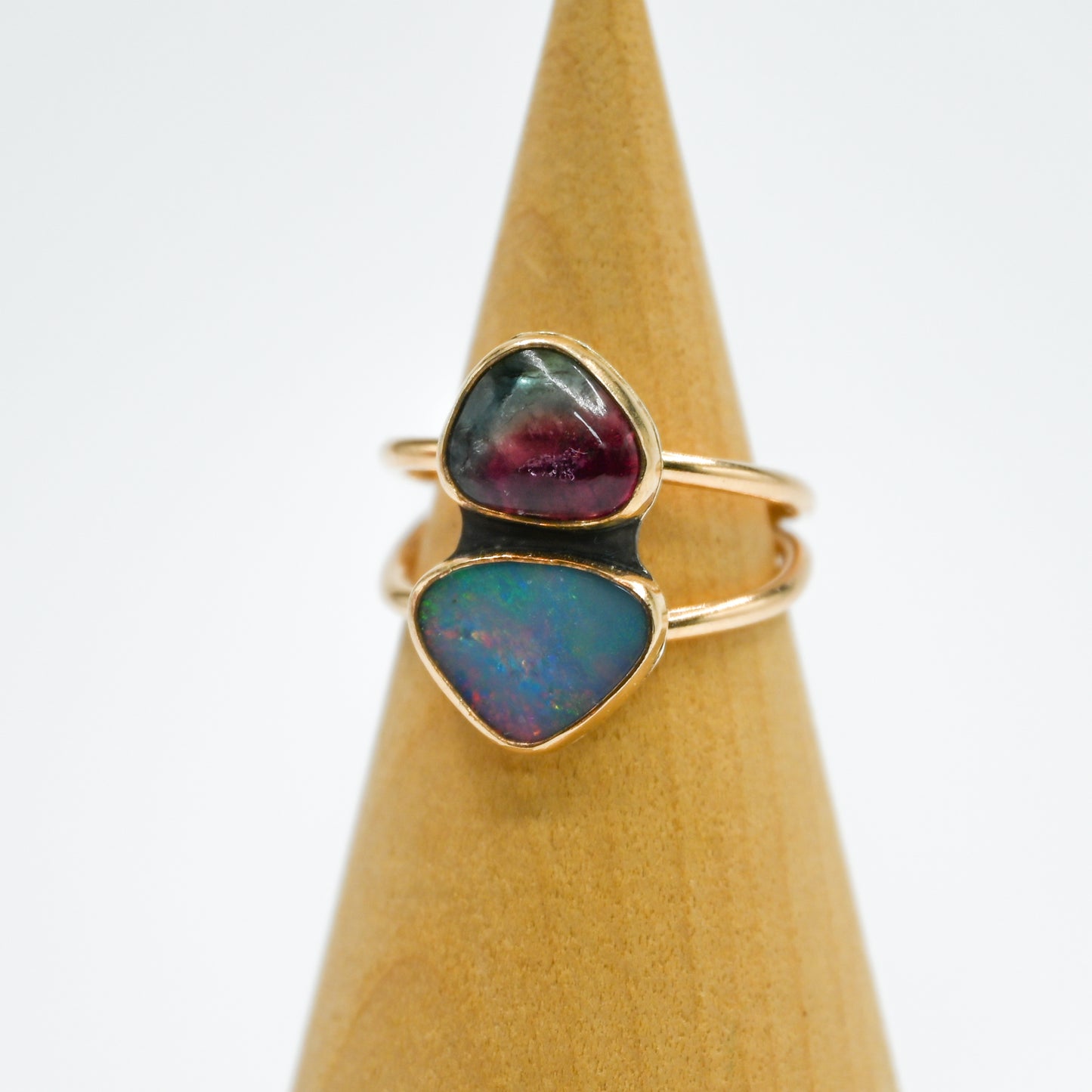 Gold fill double Australian opal and watermelon tourmaline size 8