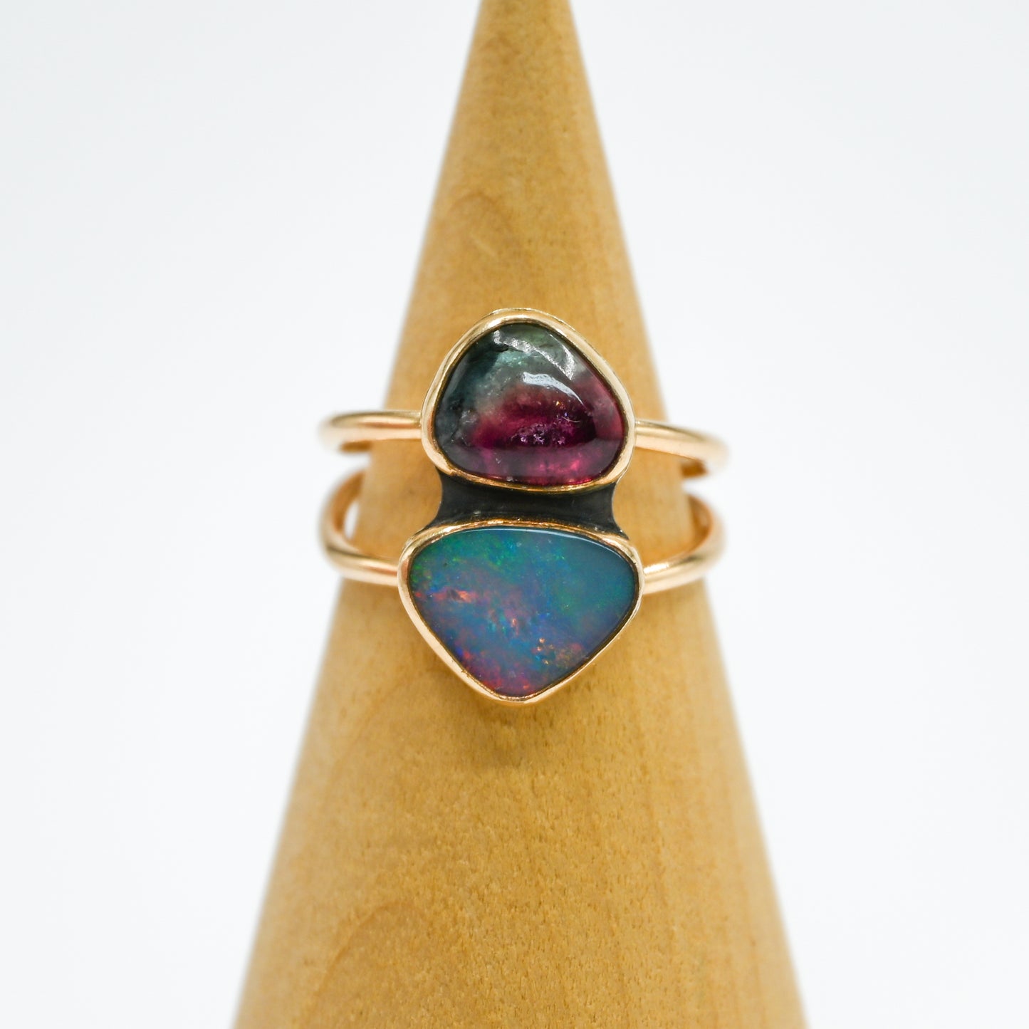 Gold fill double Australian opal and watermelon tourmaline size 8