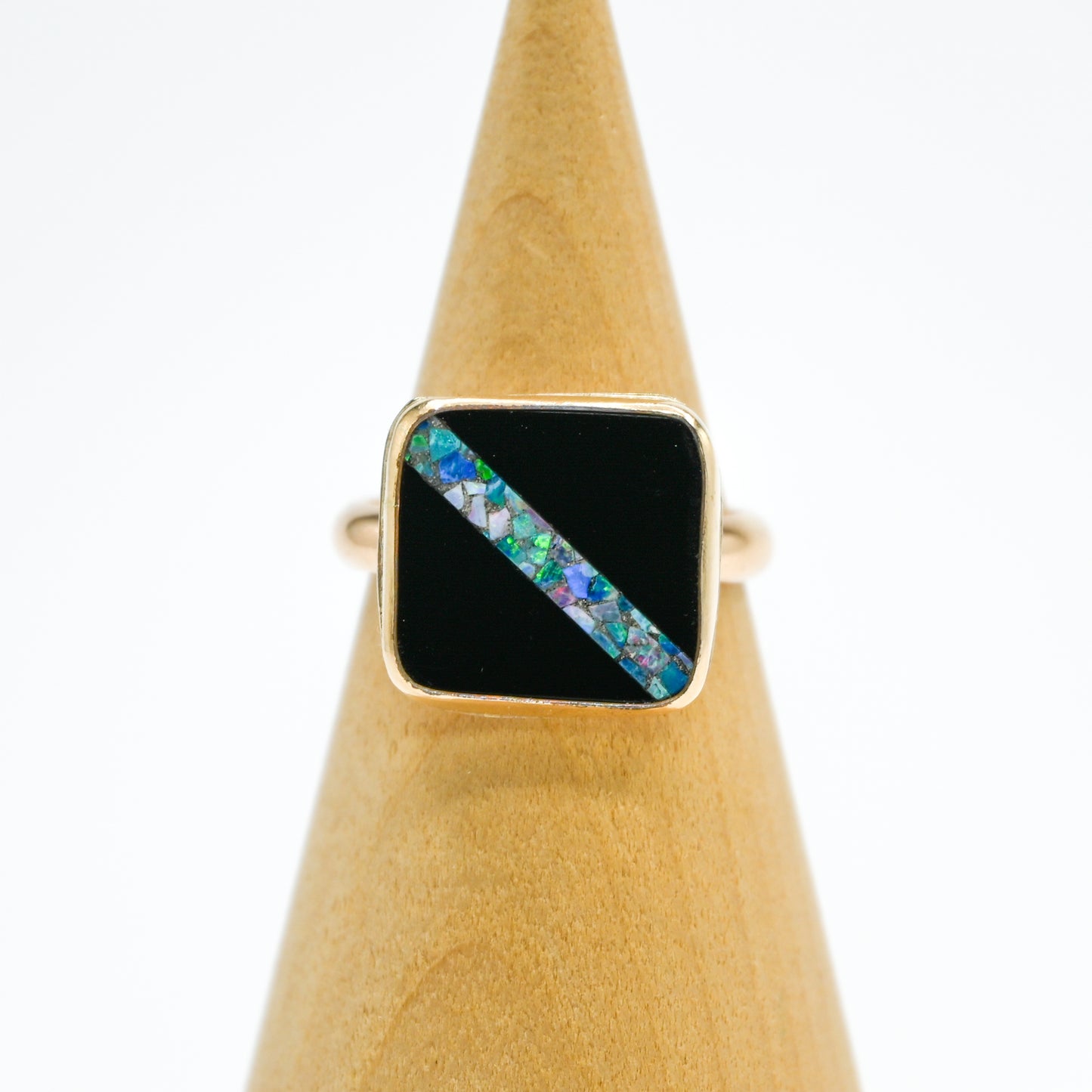 Gold fill Australian opal onyx inlay size 8.25