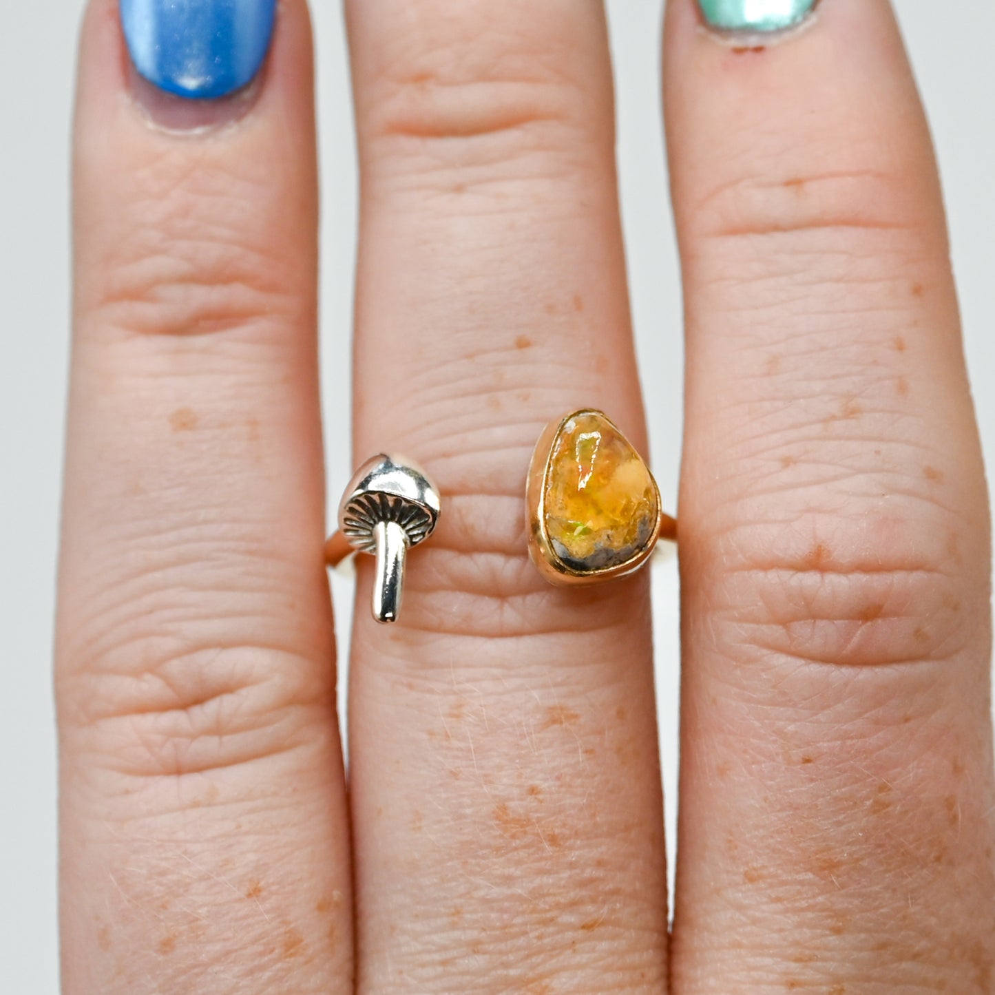 Gold fill adjustable Mexican fire opal and silver mushroom size 7