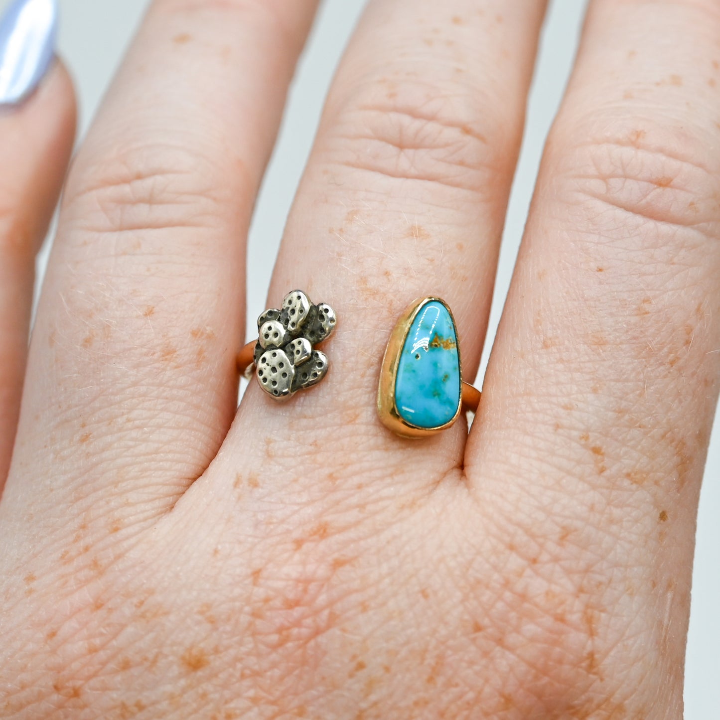 Gold fill adjustable kingman turquoise and silver cactus size 8