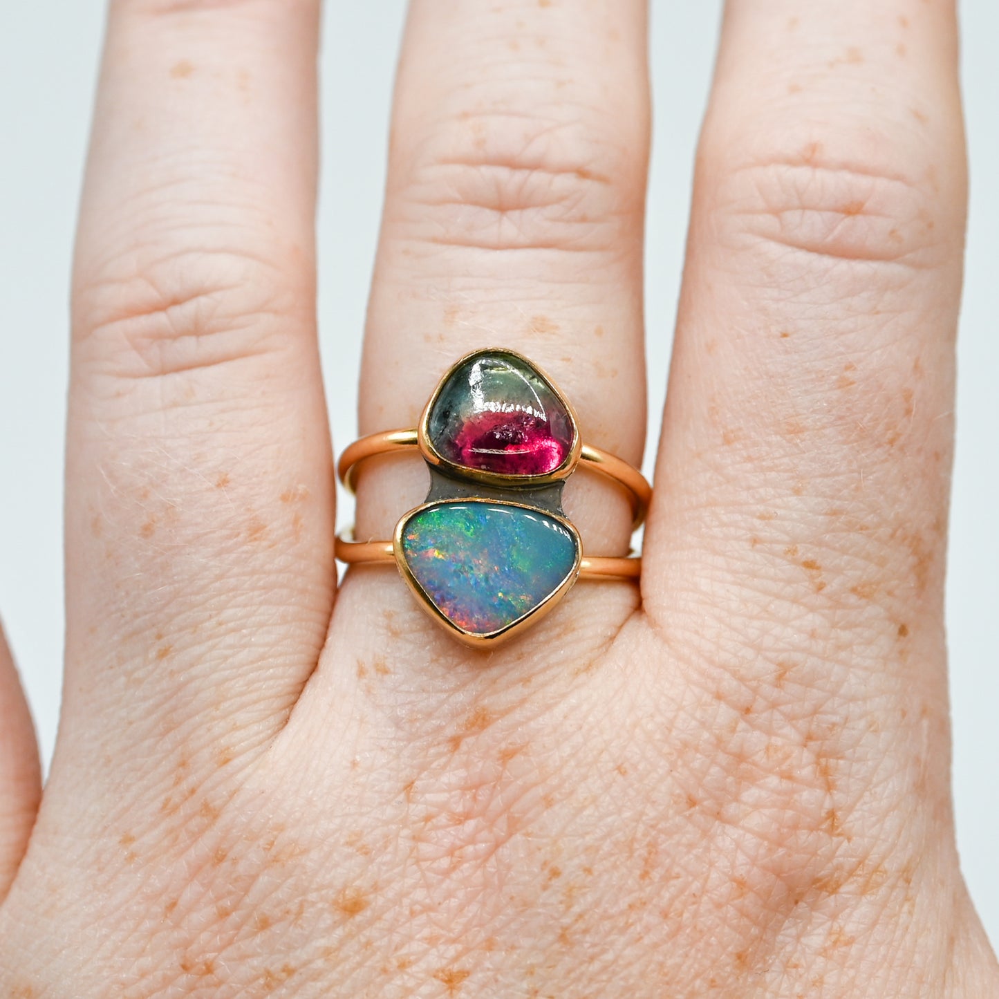 Gold fill double Australian opal and watermelon tourmaline size 8