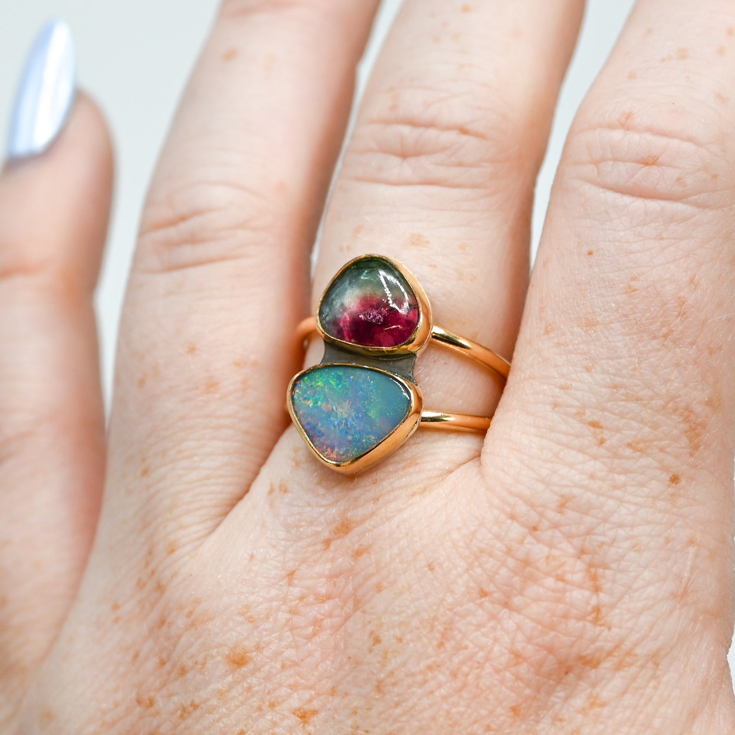 Gold fill double Australian opal and watermelon tourmaline size 8