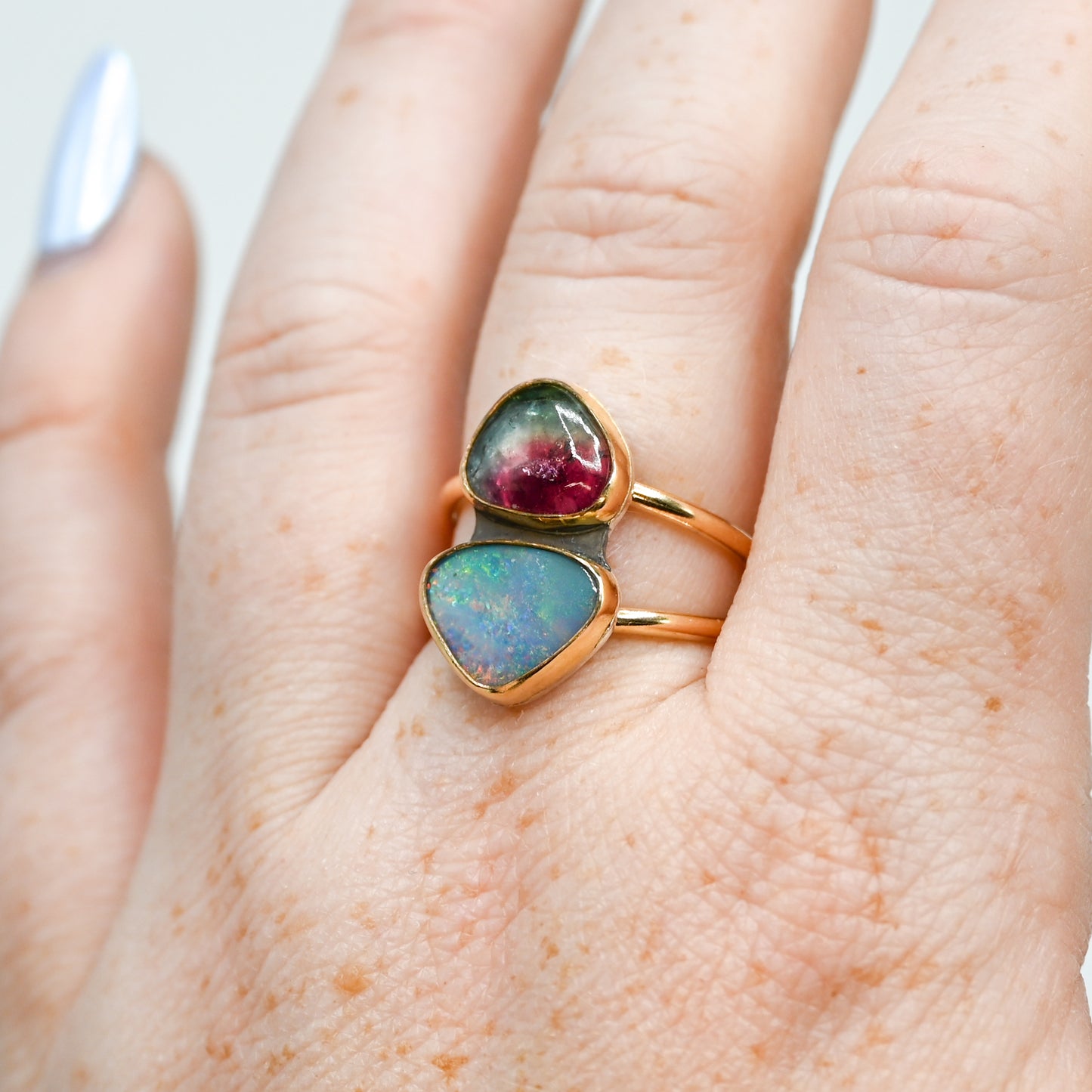Gold fill double Australian opal and watermelon tourmaline size 8