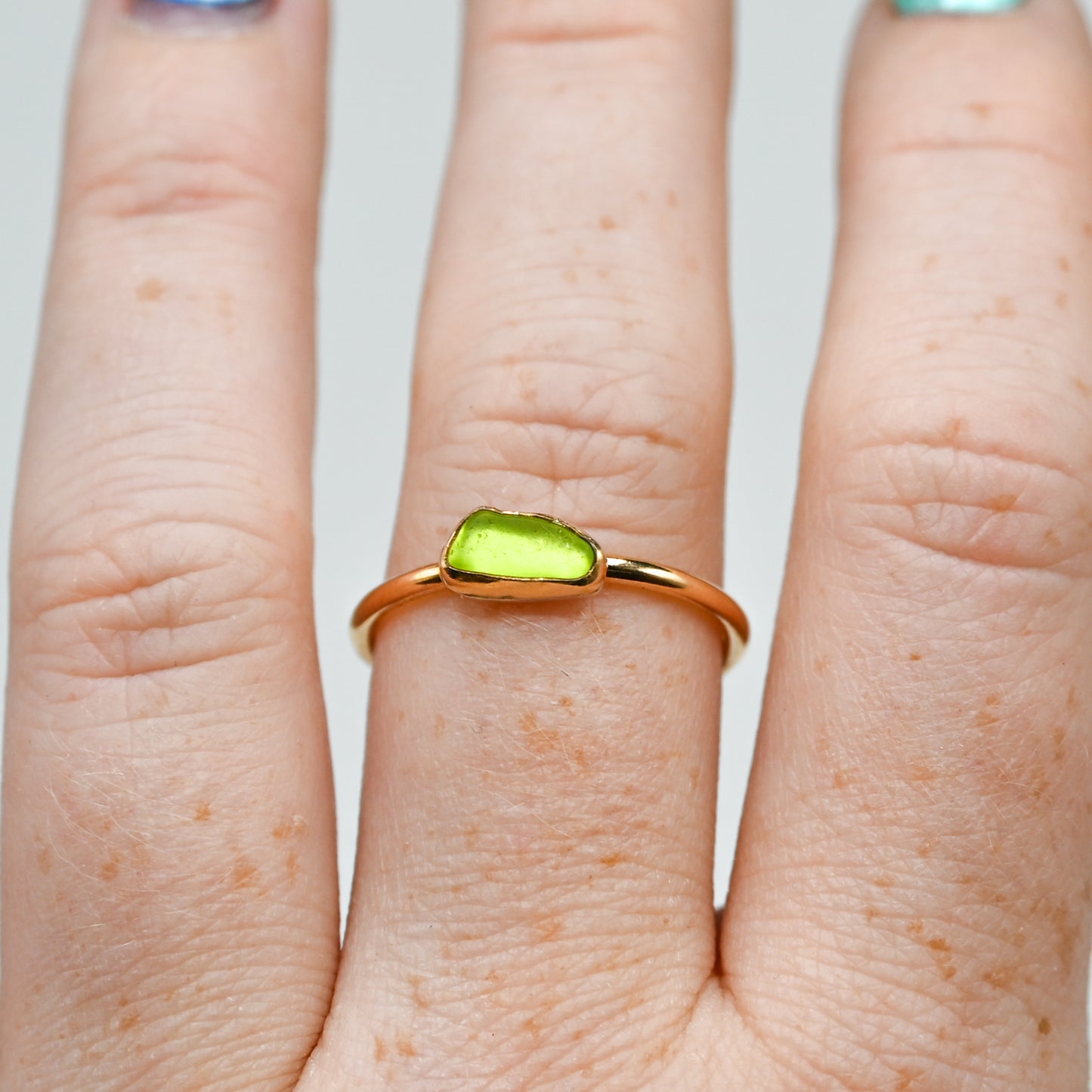 Gold fill lime green sea glass size 9