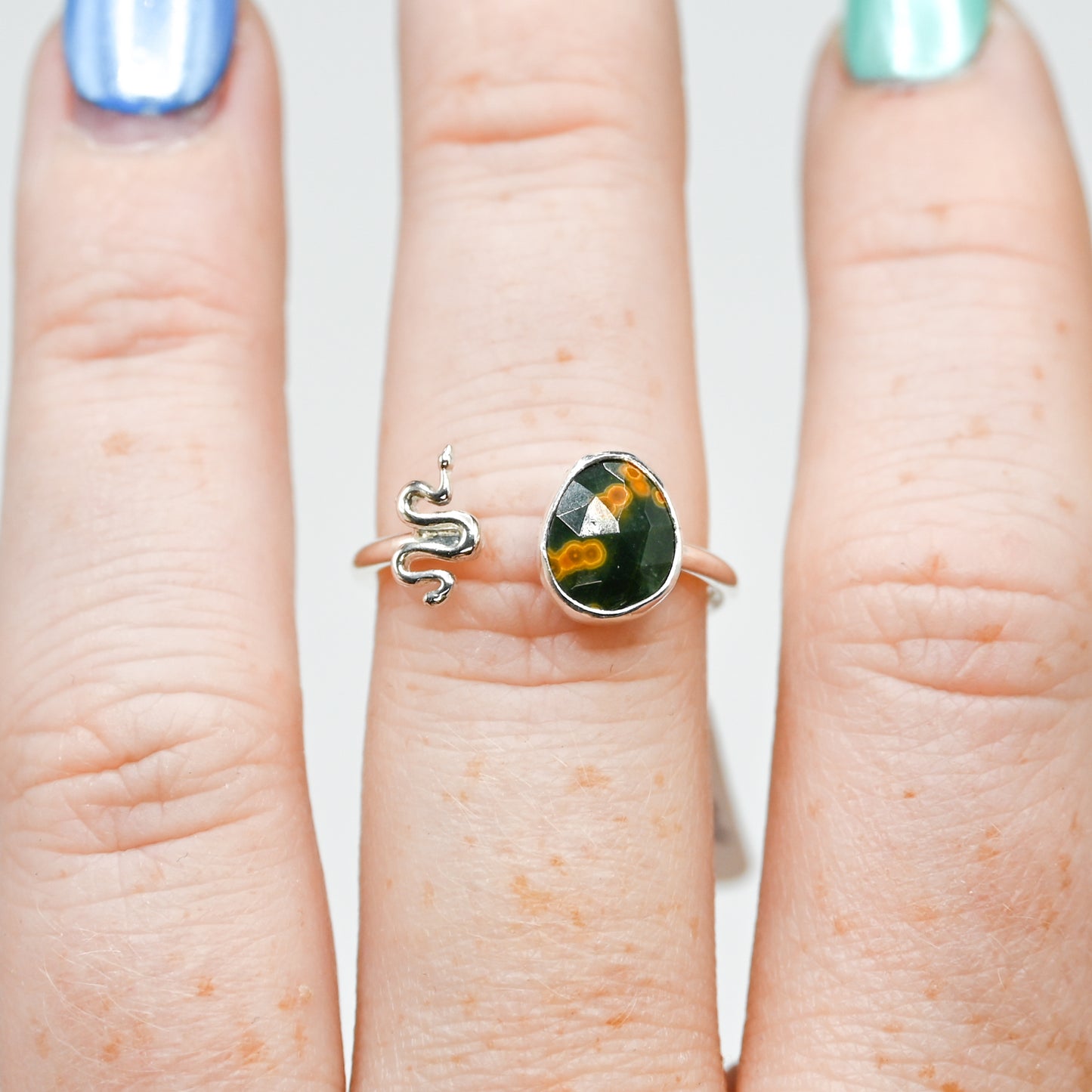 Adjustable rose cut ocean jasper and snake size 7.75