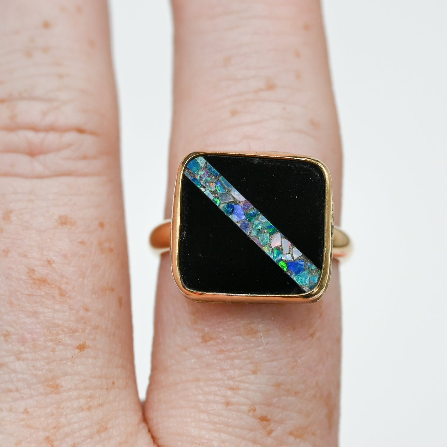 Gold fill onyx inlay australian opal size 8.25
