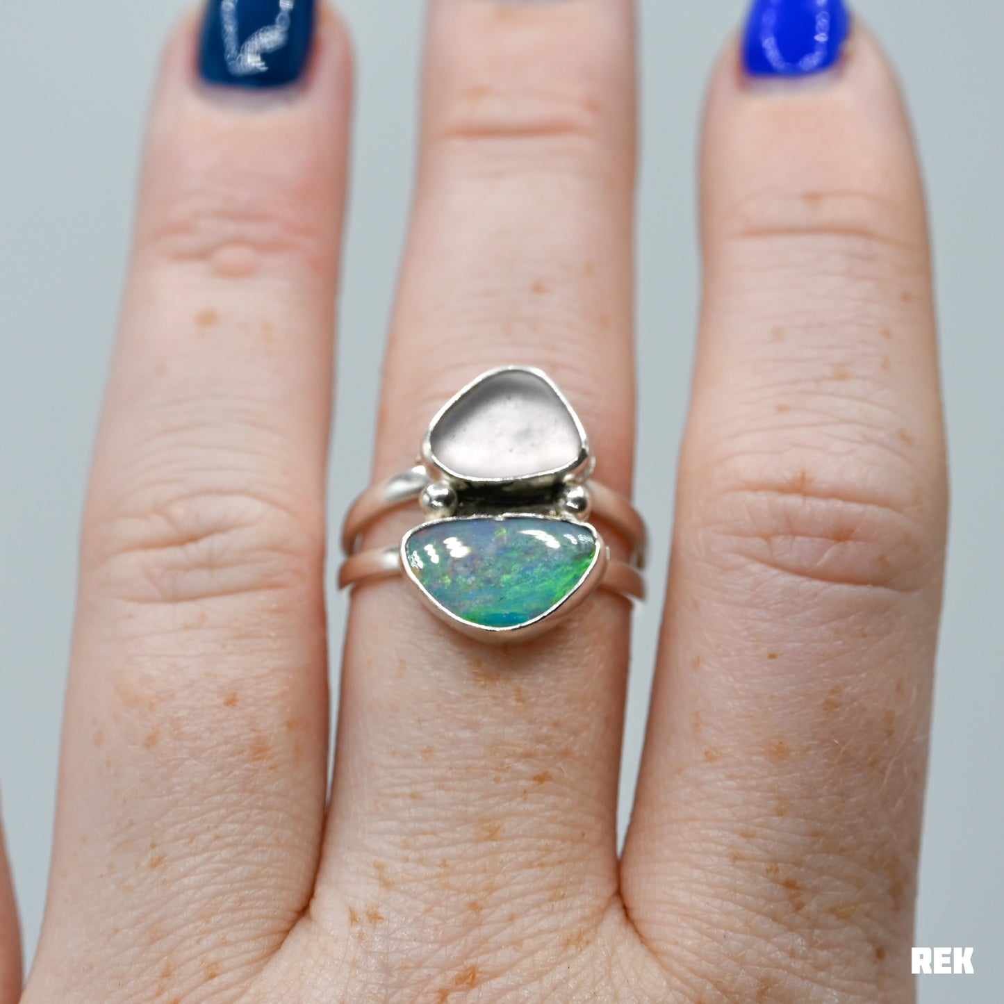Double lavender sea glass and Australian opal size 9