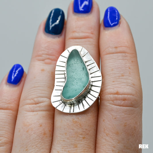 XXL Aqua sea glass stamped back size 7