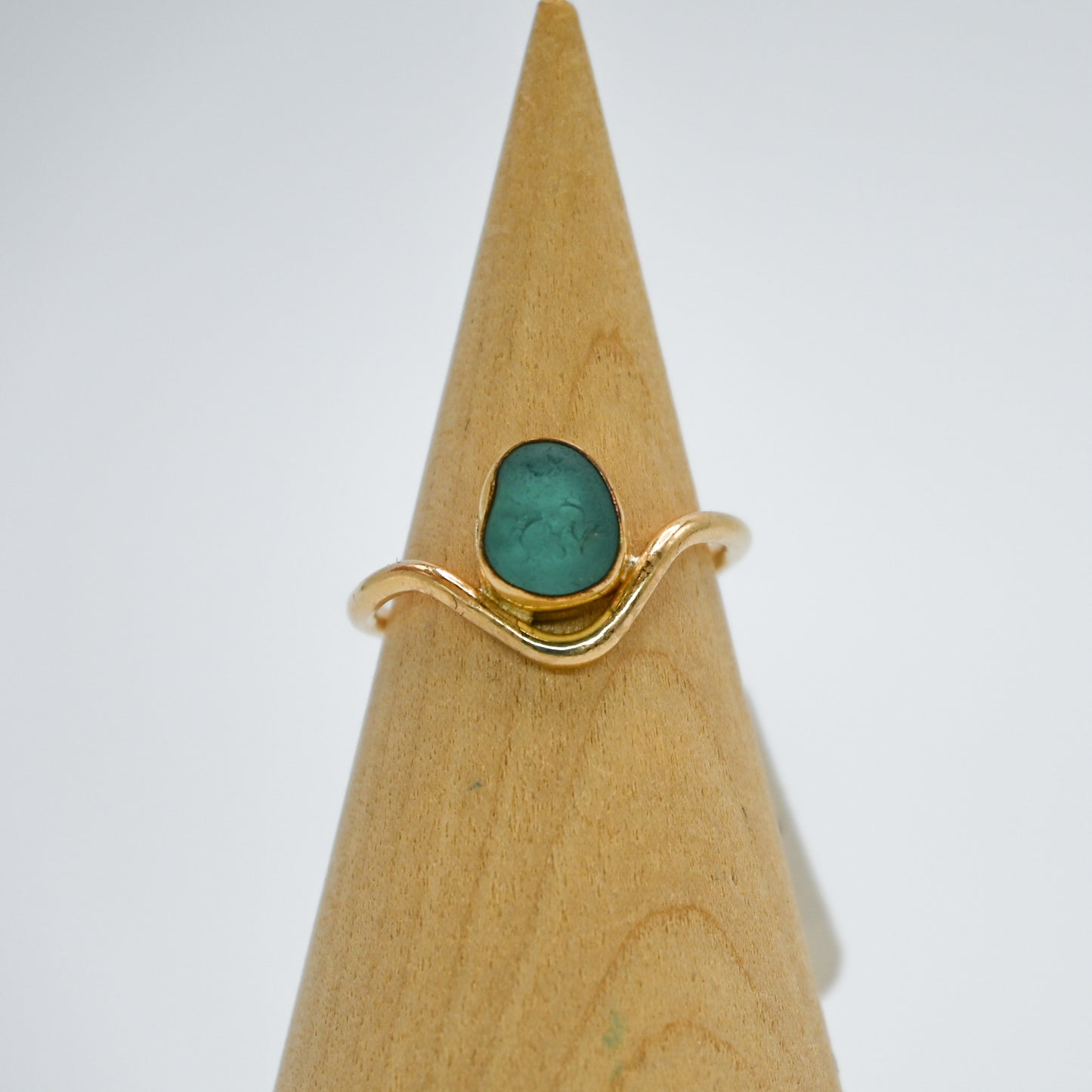 Gold fill curve band aqua sea glass size 7