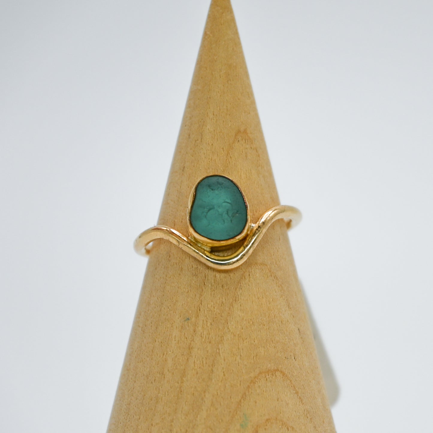 Gold fill curve band aqua sea glass size 7