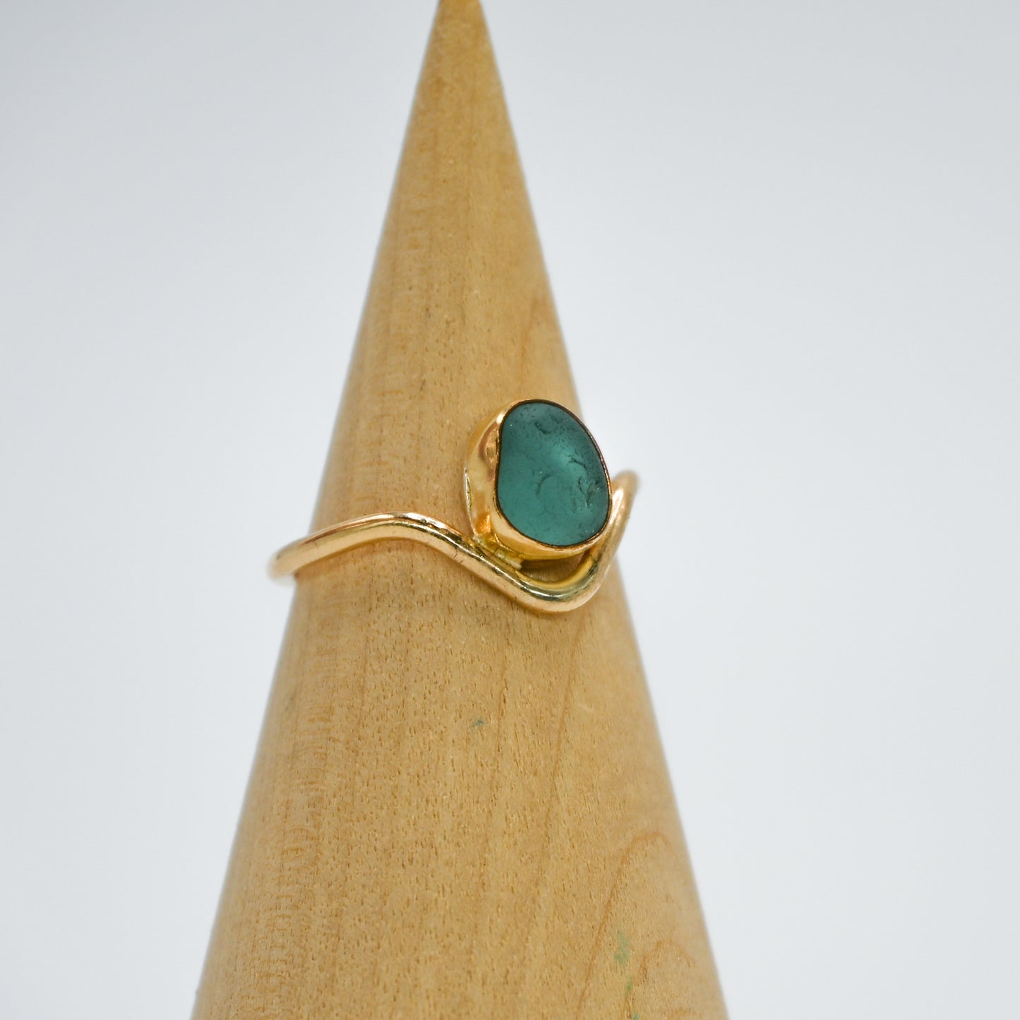 Gold fill curve band aqua sea glass size 7