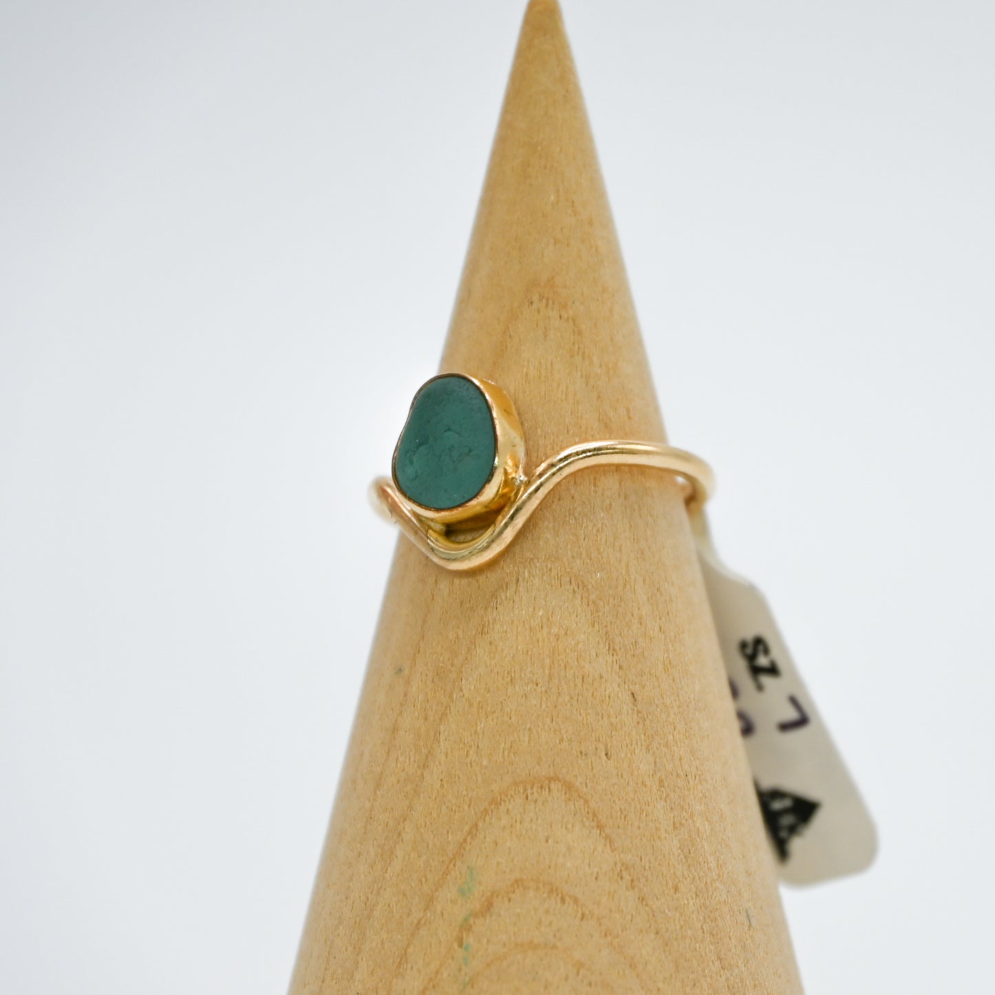 Gold fill curve band aqua sea glass size 7