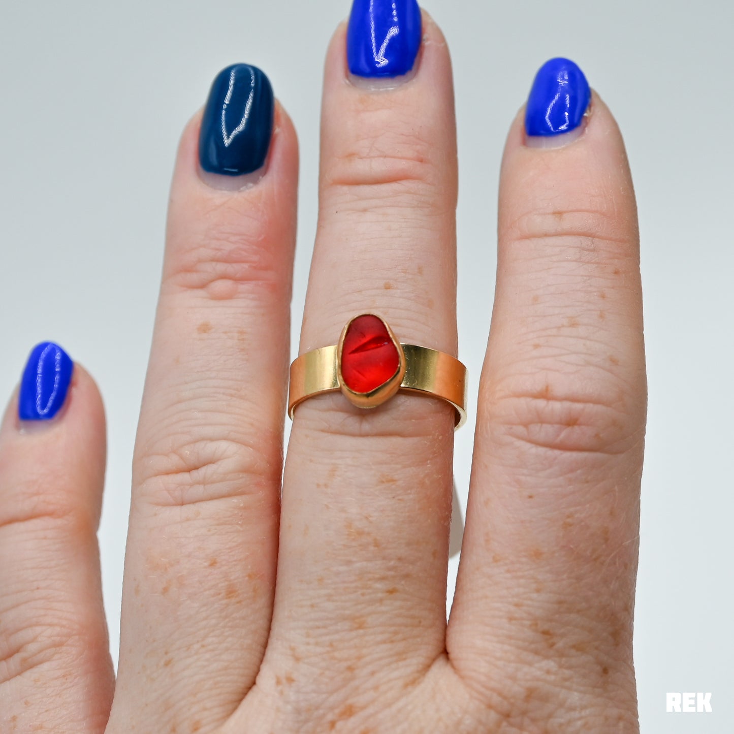Gold fill bright red sea glass wide band size 8