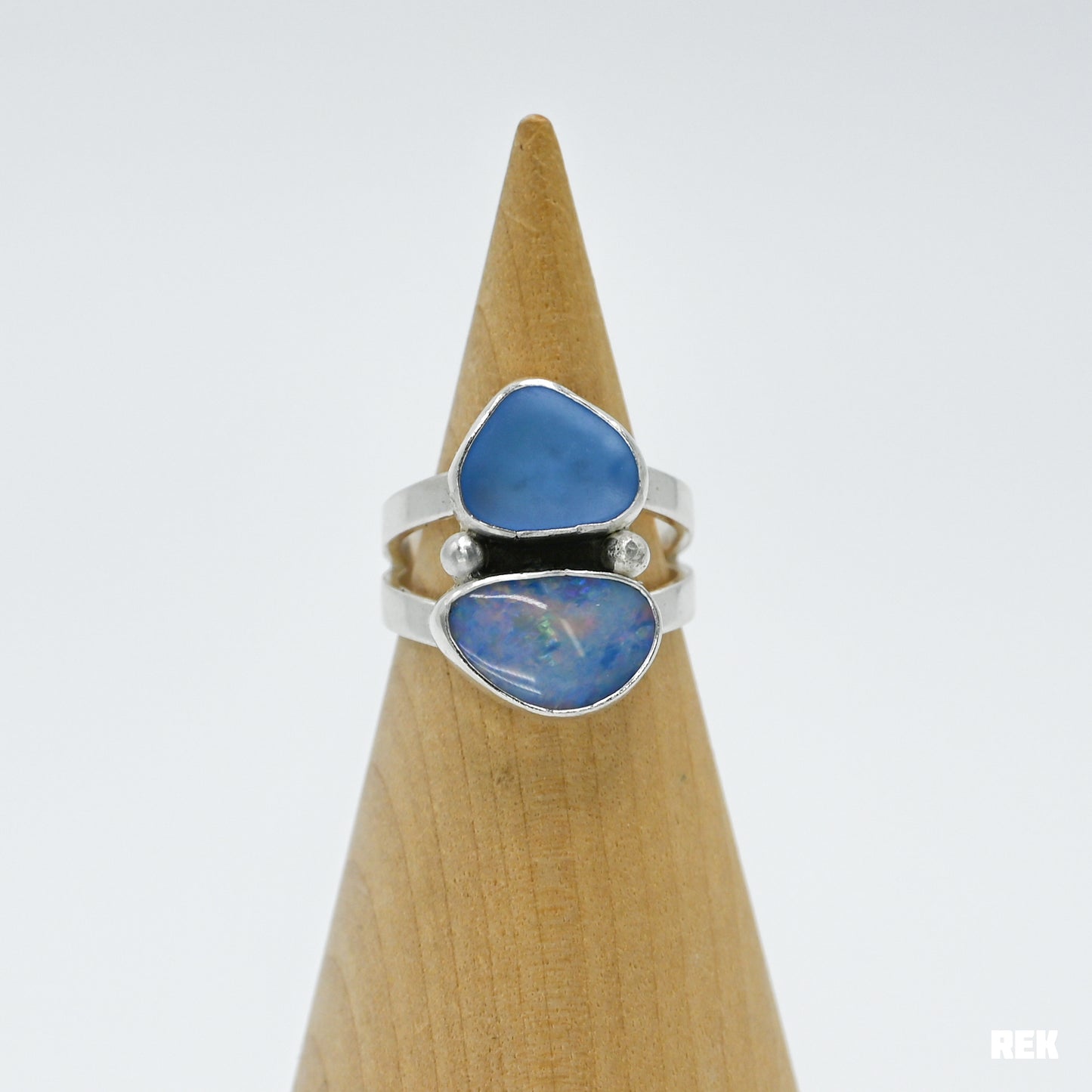 Cornflower sea glass and Australian opal double size 6.5