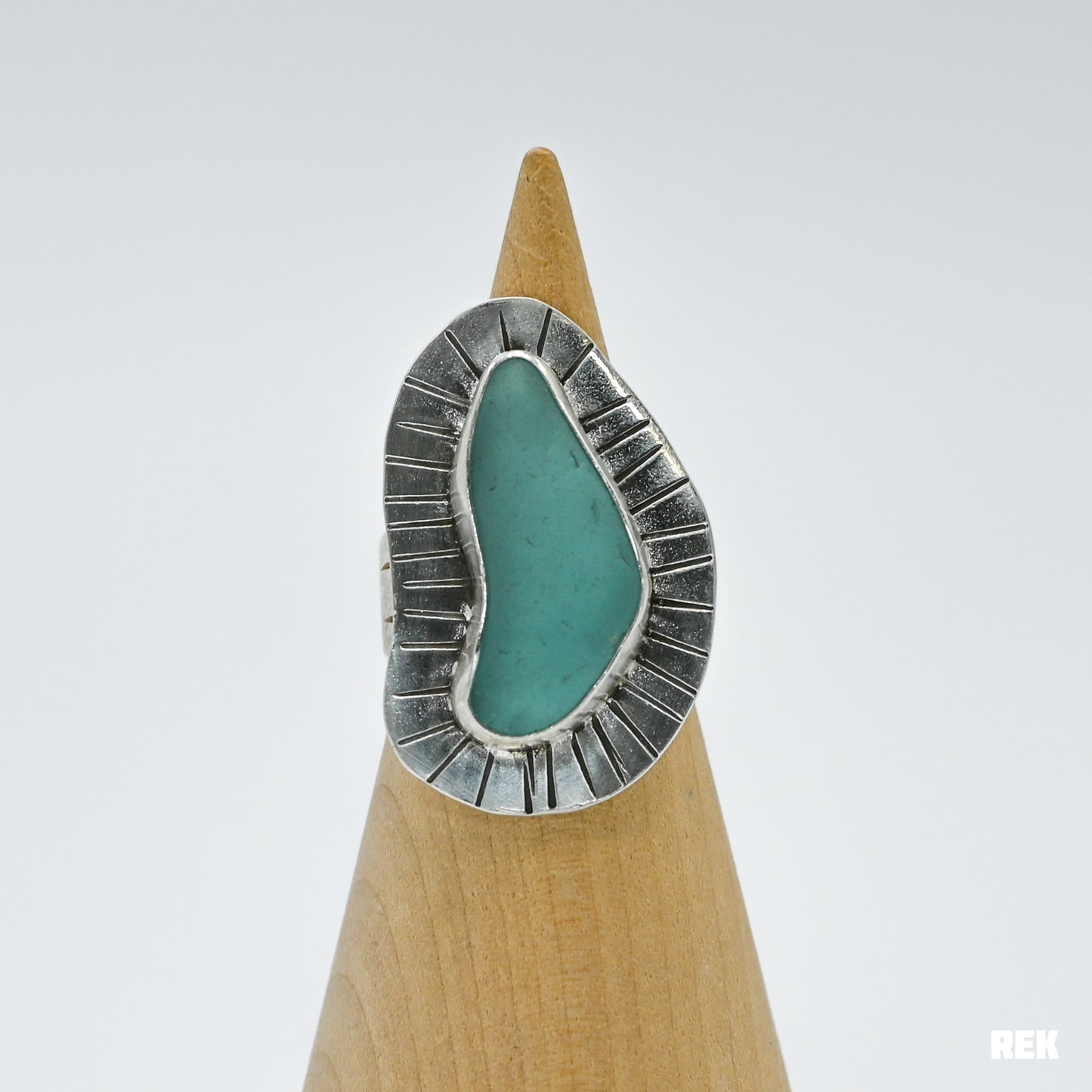 XXL Aqua sea glass stamped back size 7