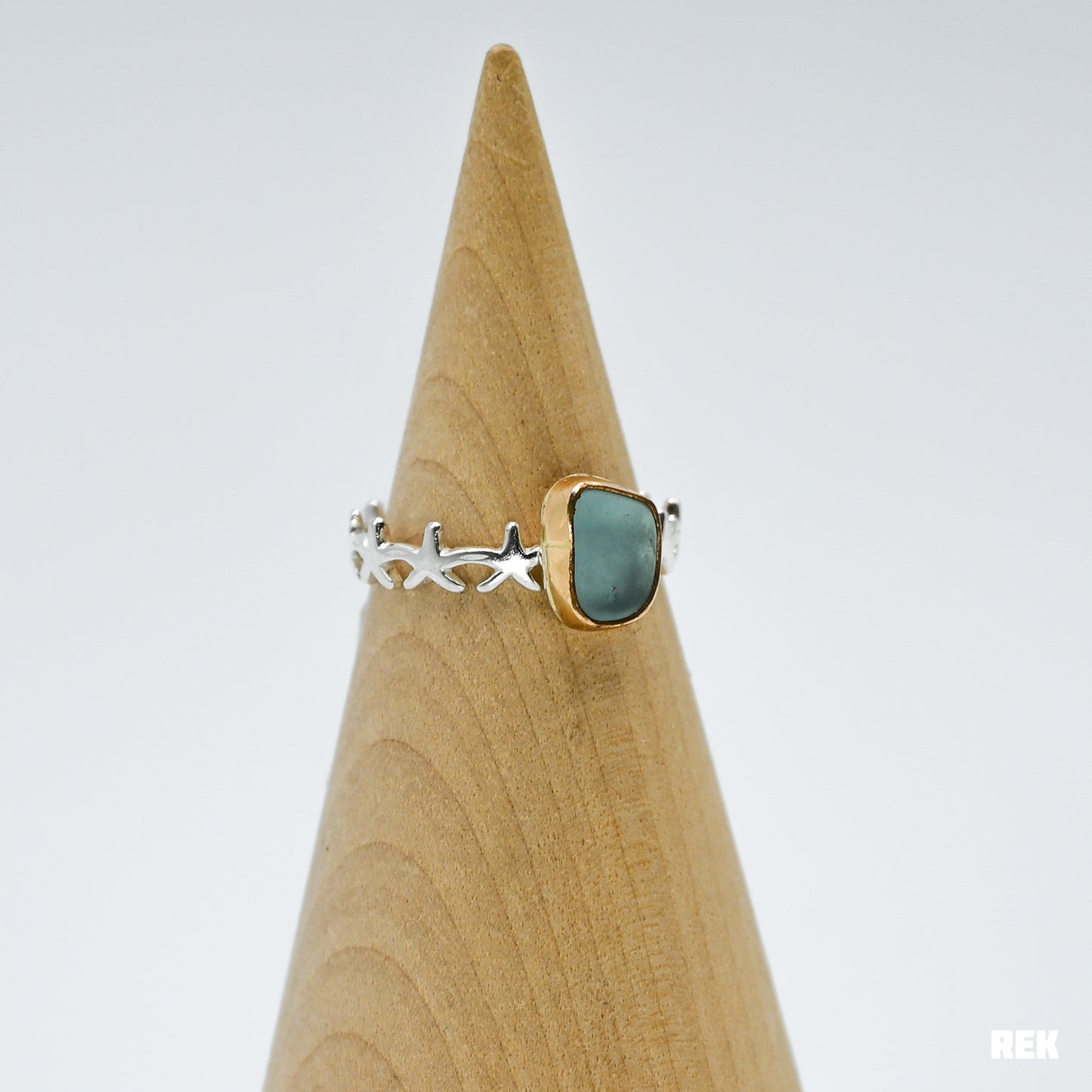 Starfish band and gold fill bezel aqua sea glass size 7