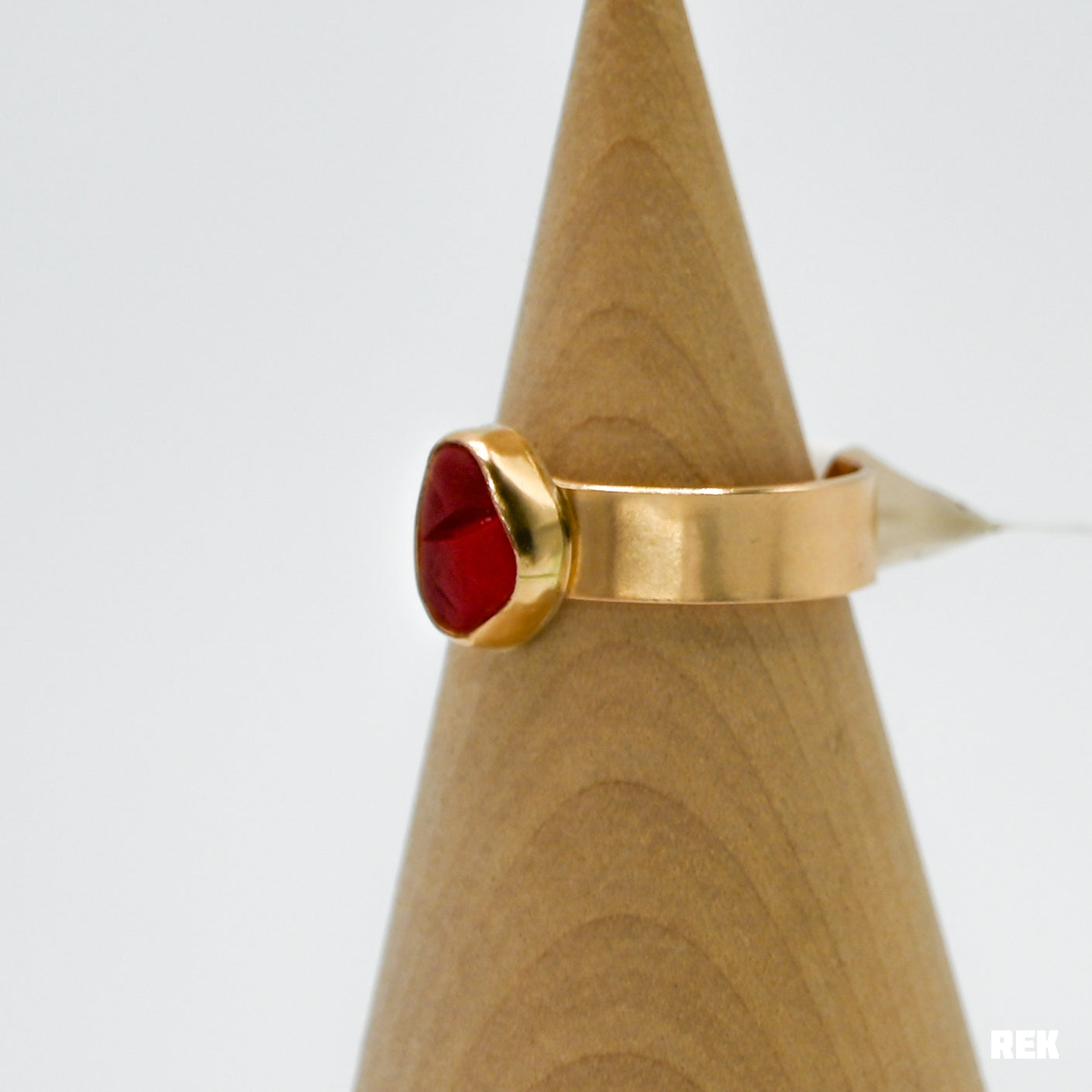 Gold fill bright red sea glass wide band size 8