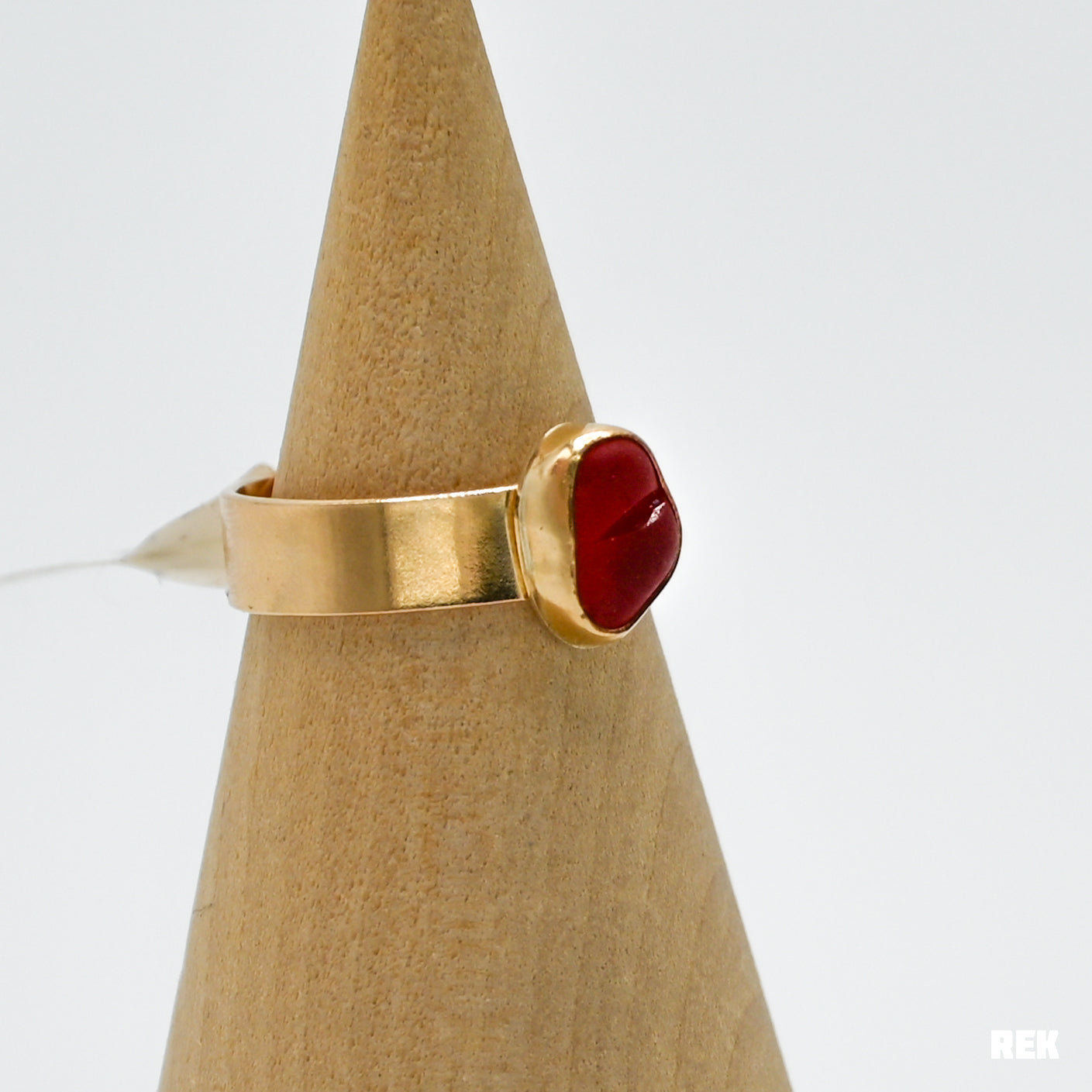Gold fill bright red sea glass wide band size 8