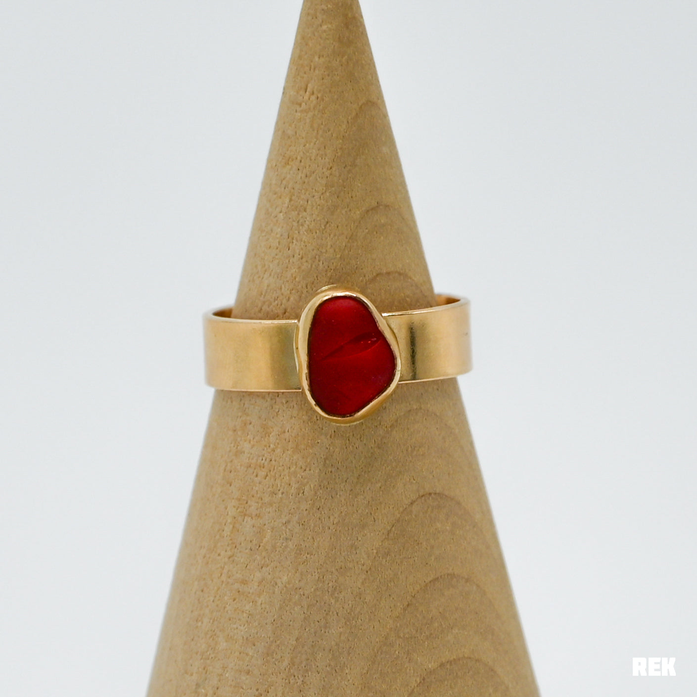 Gold fill bright red sea glass wide band size 8