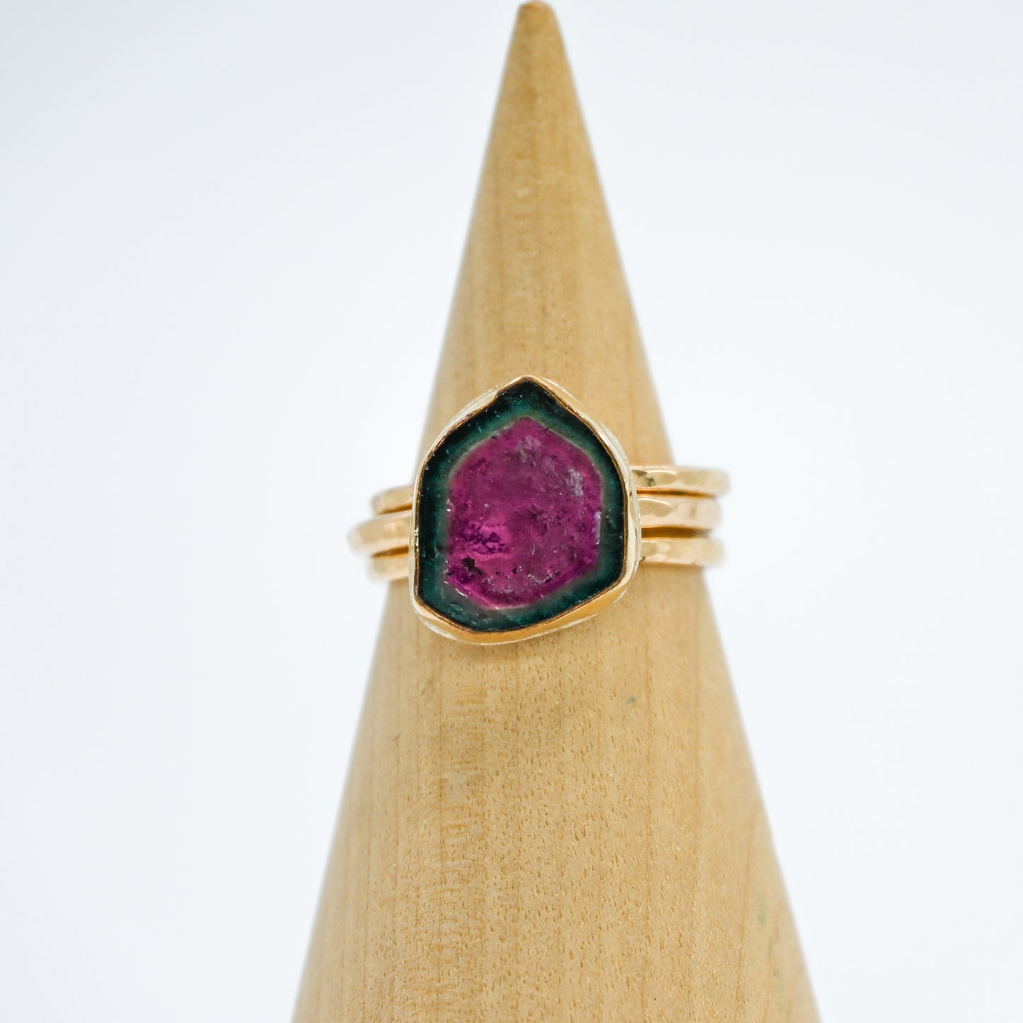 Gold fill watermelon tourmaline slice size 8 stacker set