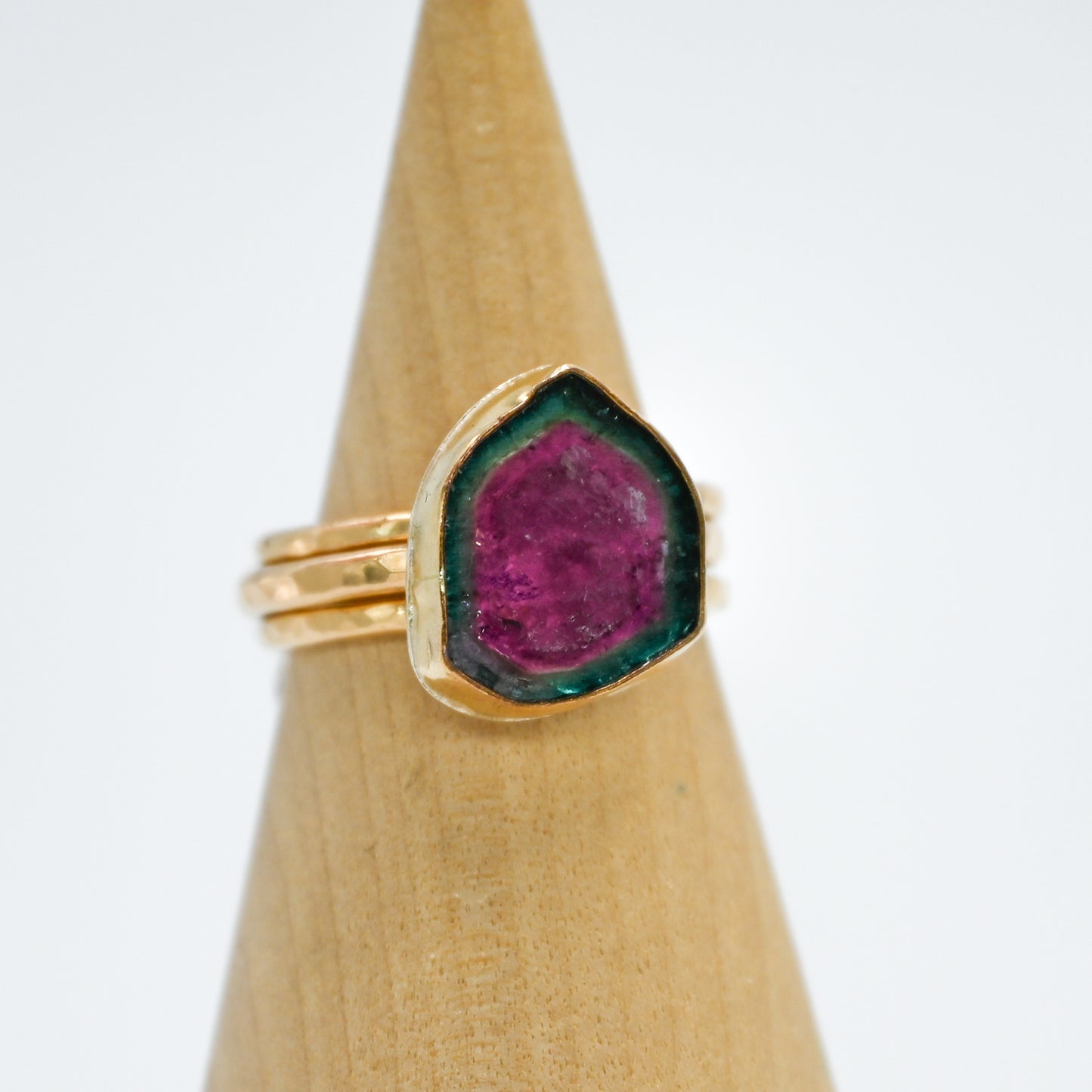 Gold fill watermelon tourmaline slice size 8 stacker set