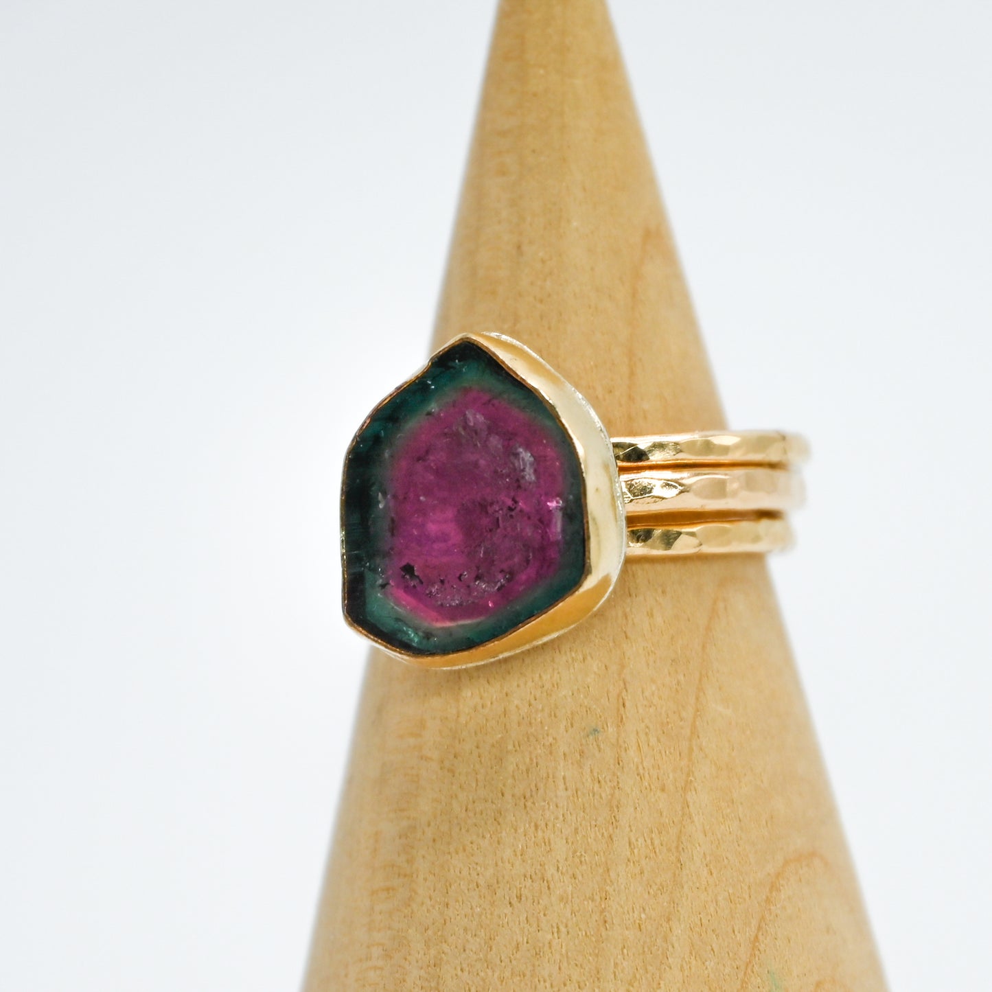 Gold fill watermelon tourmaline slice size 8 stacker set