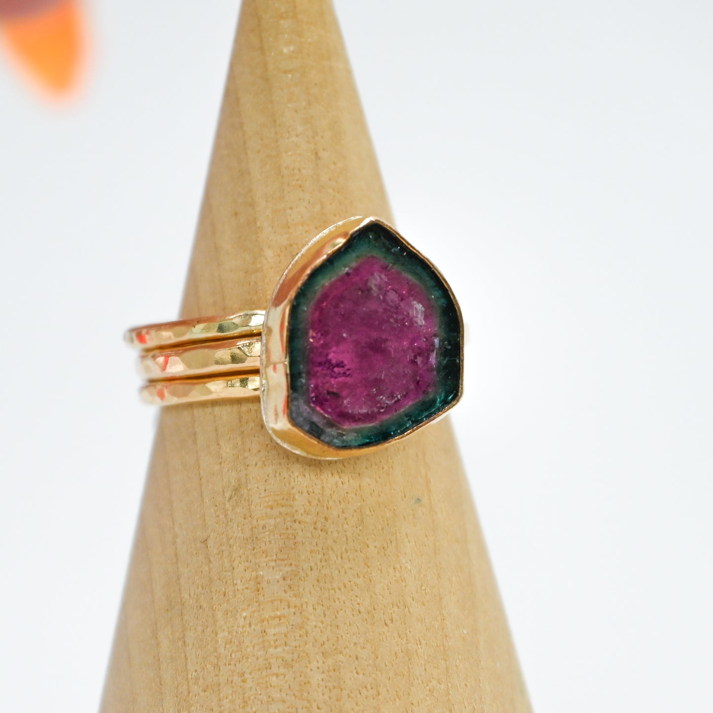 Gold fill watermelon tourmaline slice size 8 stacker set