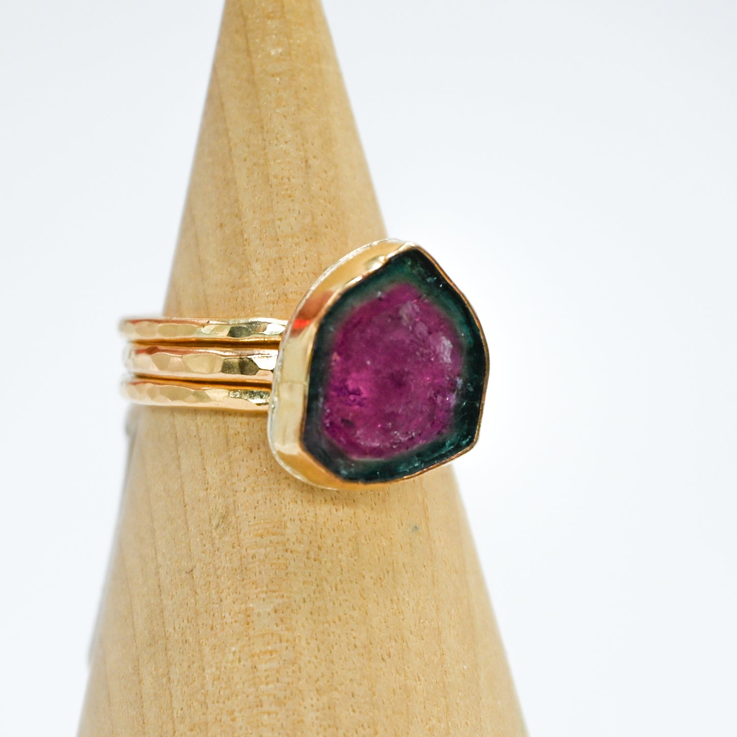 Gold fill watermelon tourmaline slice size 8 stacker set