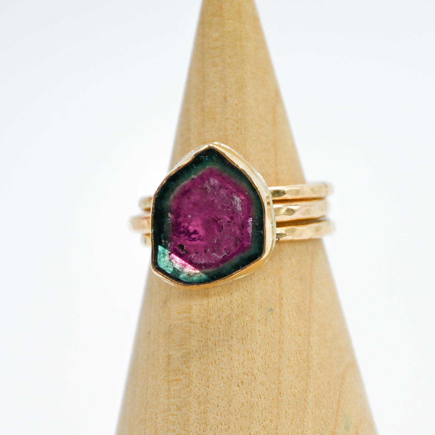 Gold fill watermelon tourmaline slice size 8 stacker set