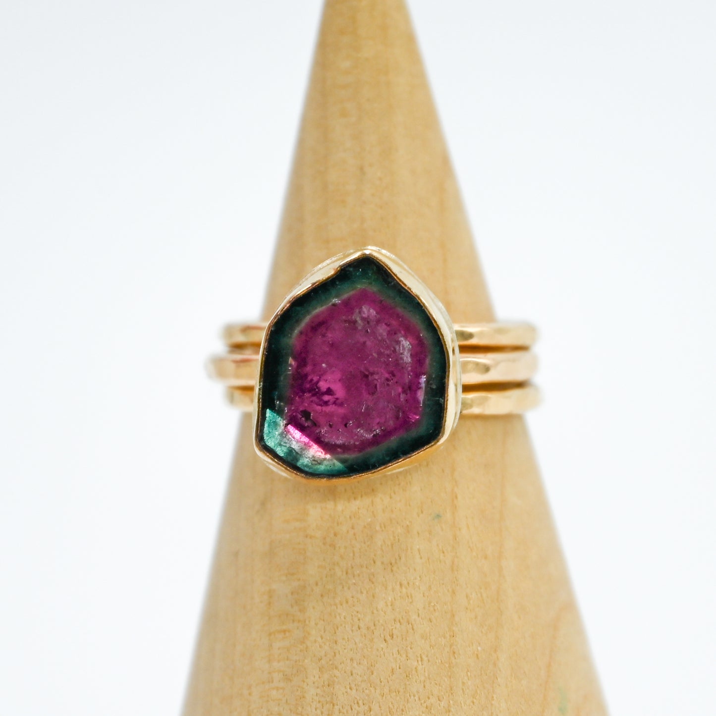 Gold fill watermelon tourmaline slice size 8 stacker set