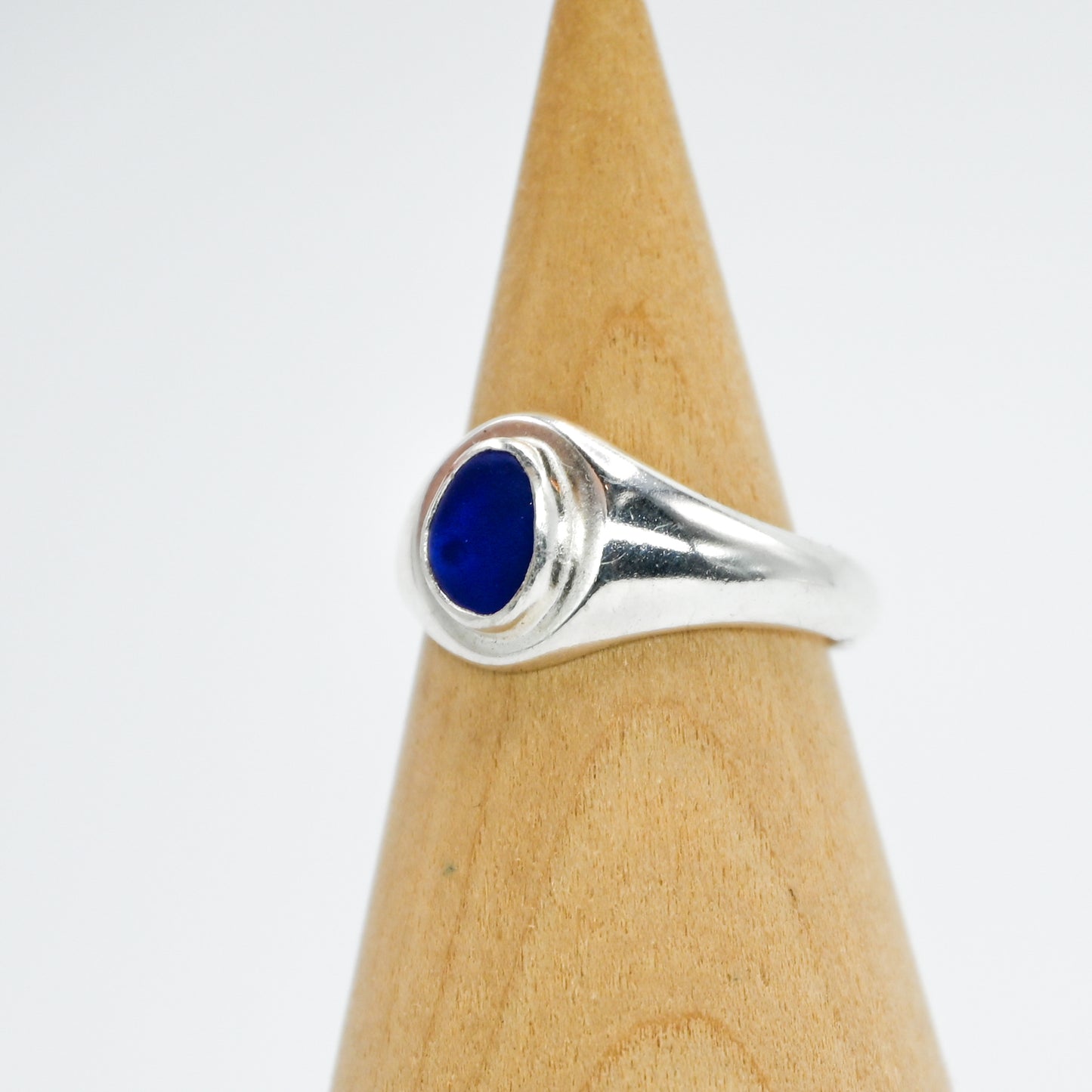 Sterling silver signet cobalt sea glass size 7