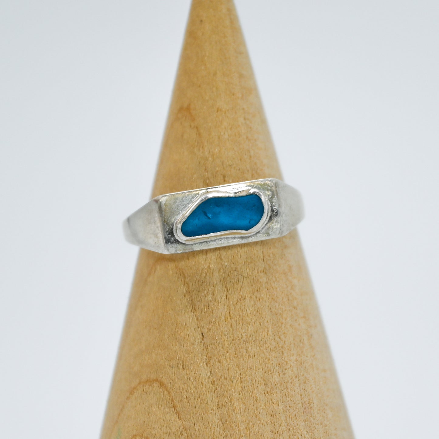 Sterling silver signet and rare turquoise sea glass size 7