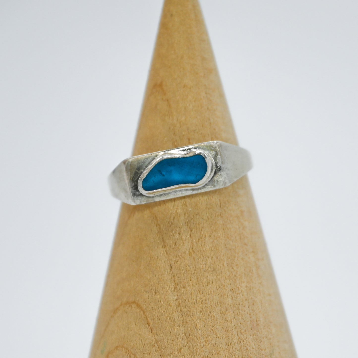 Sterling silver signet and rare turquoise sea glass size 7