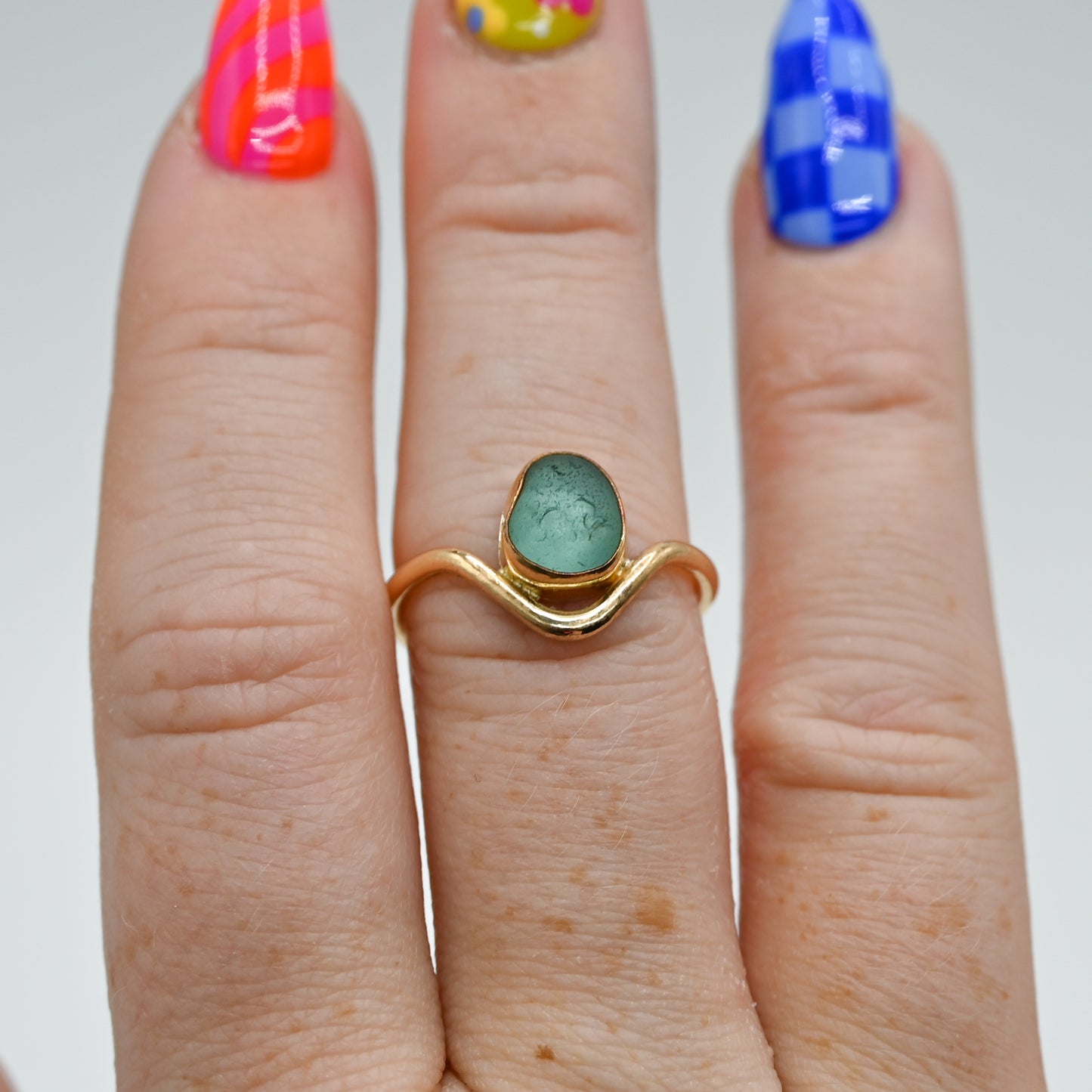 Gold fill curve band aqua sea glass size 7