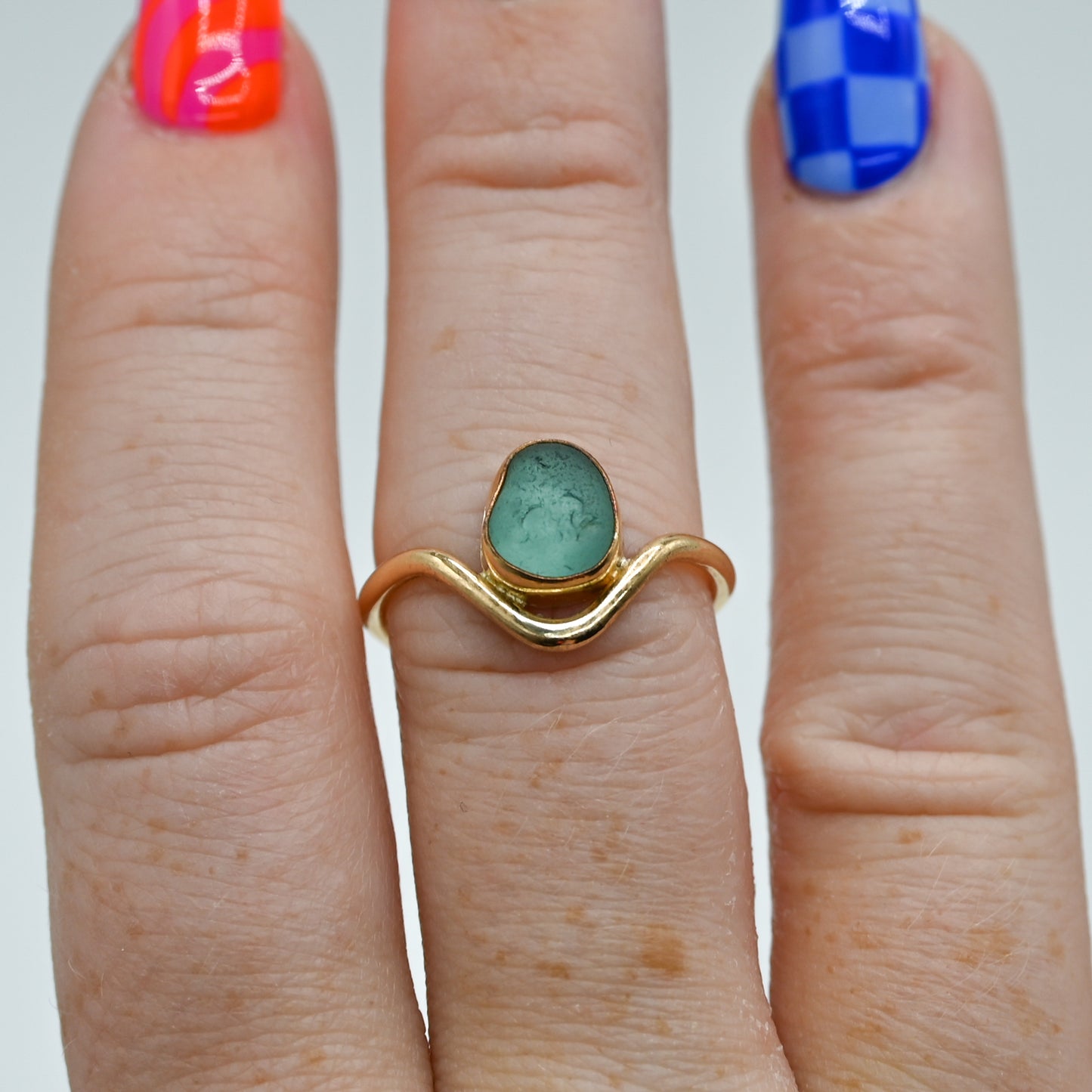 Gold fill curve band aqua sea glass size 7