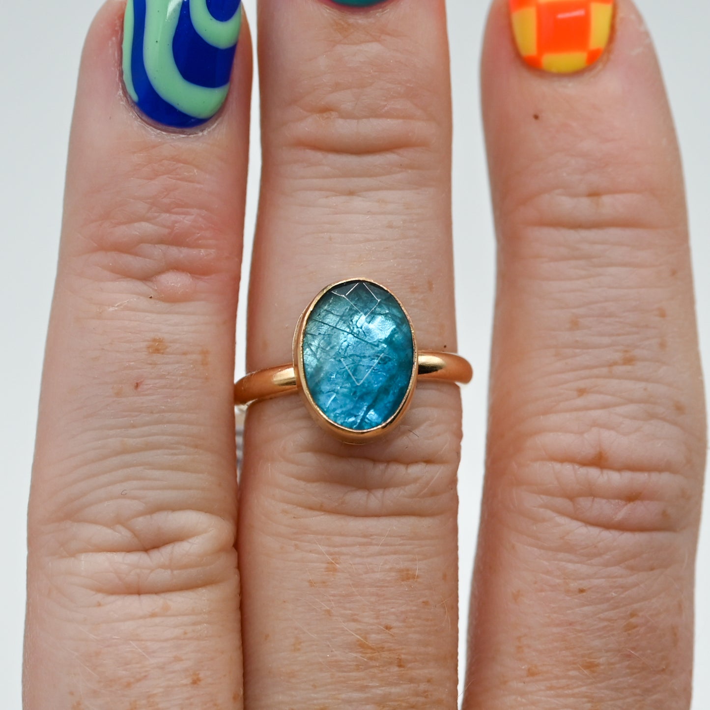 Gold fill oval rose cut neon blue apatite size 6.75