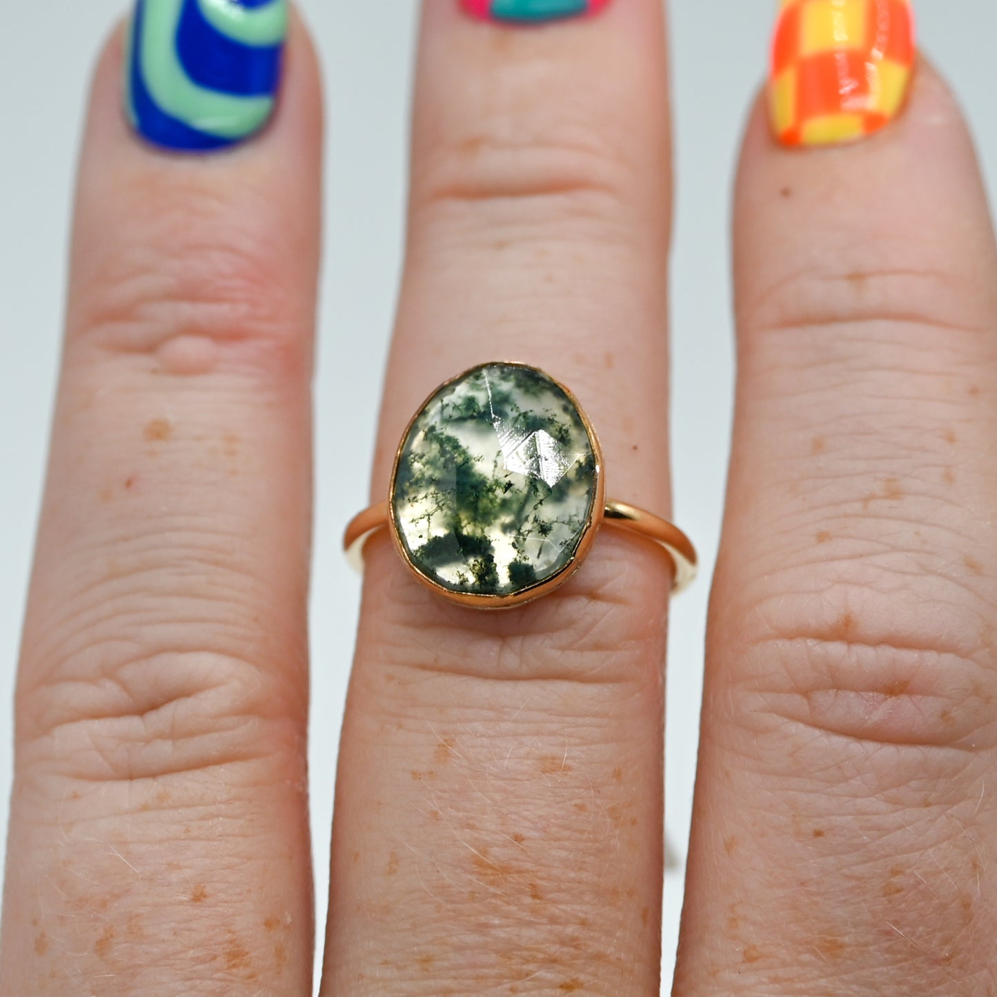 Gold fill rose cut moss agate size 7