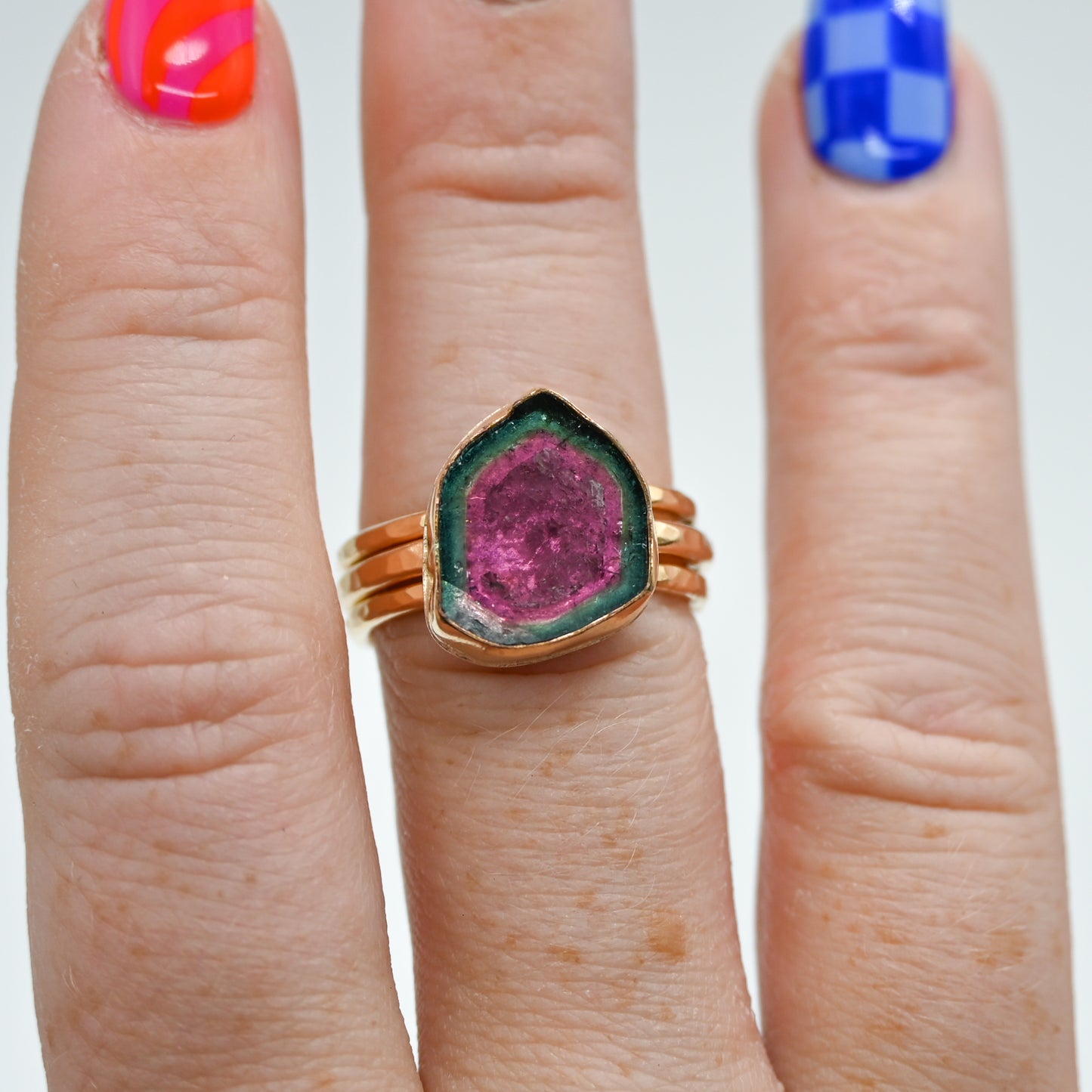 Gold fill watermelon tourmaline slice size 8 stacker set