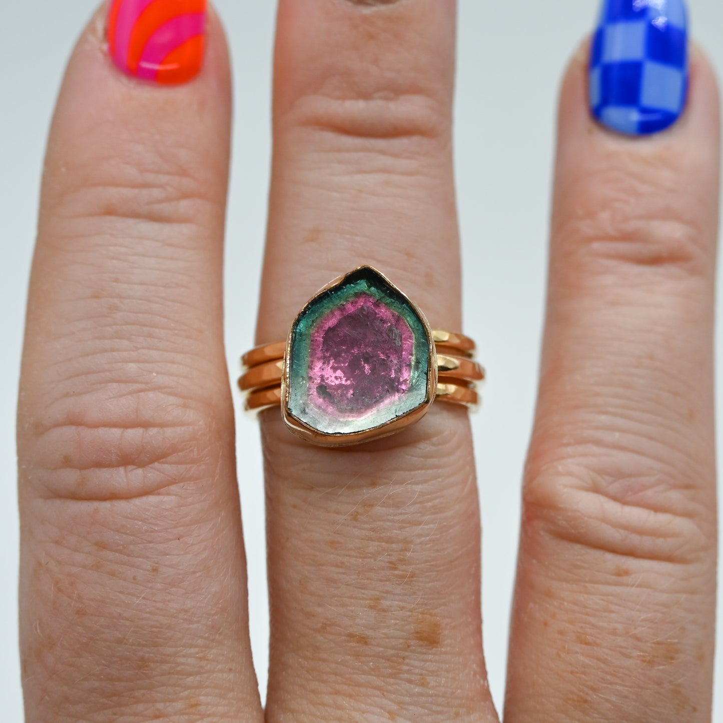 Gold fill watermelon tourmaline slice size 8 stacker set