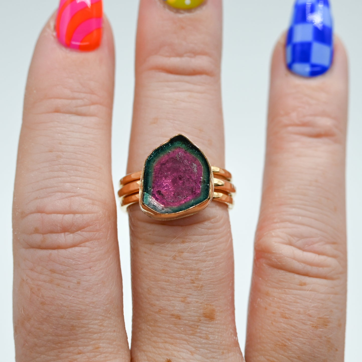 Gold fill watermelon tourmaline slice size 8 stacker set