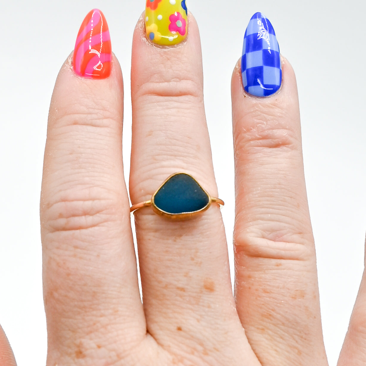 14K solid gold and very rare teal sea glass size 8