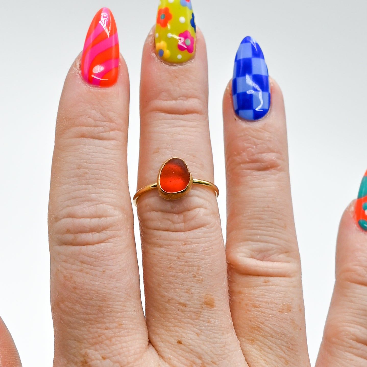 14k solid gold and red orange sea glass size 7