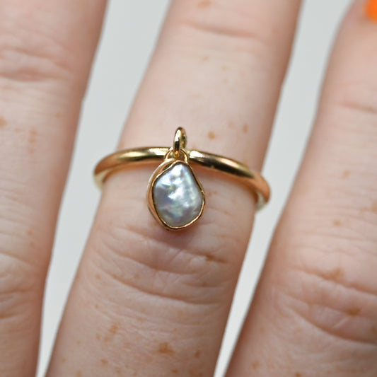 Gold fill keshi pearl charm dangle ring size 6.5