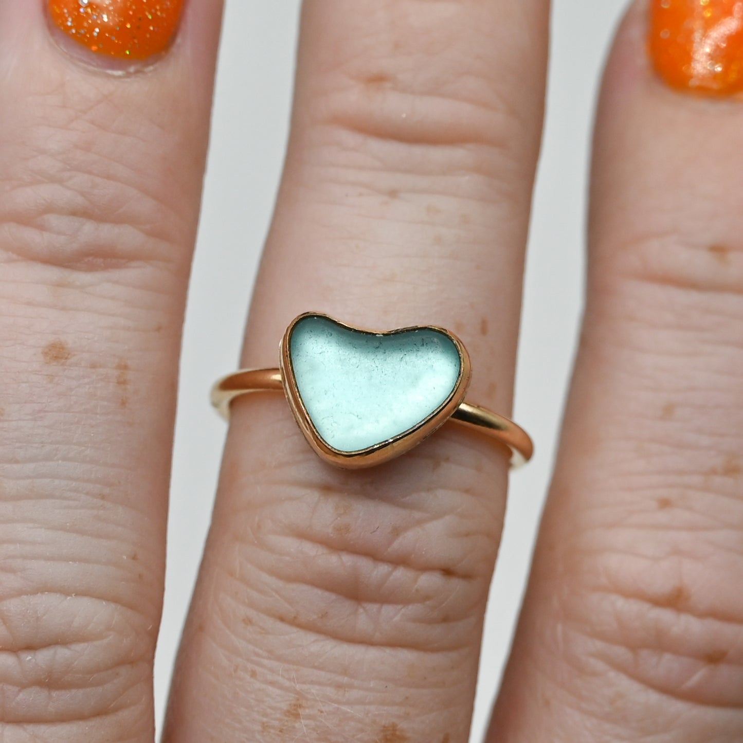 Gold fill aqua sea glass heart size 7