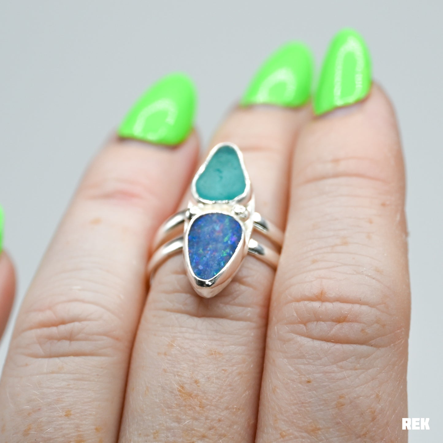 Aqua sea glass and Australian opal size 7
